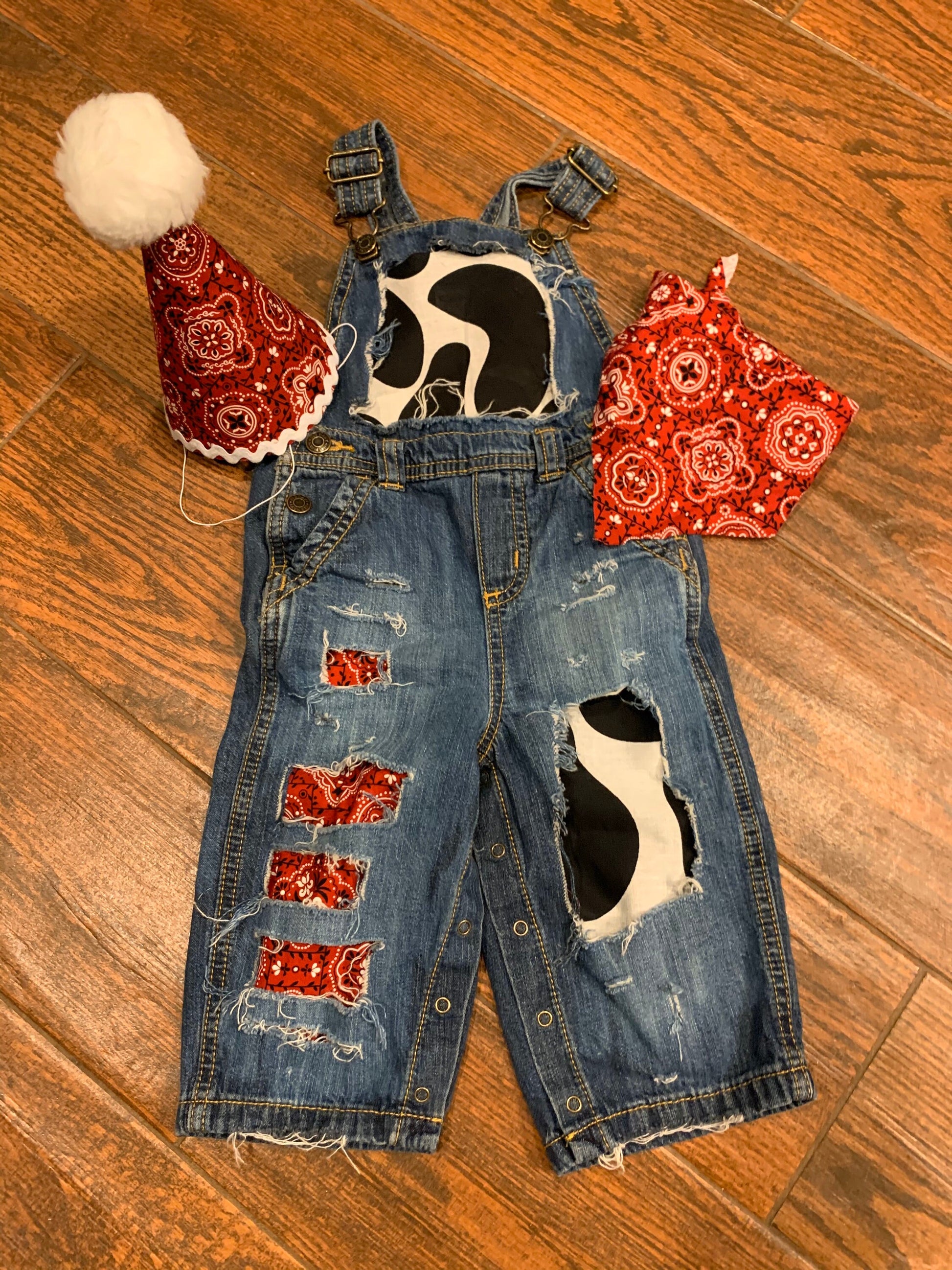 Distressed COWBOY BIRTHDAY outfit- FIRST birthday - overalls -red, denim & cow print birthday outfit -Country -Cowgirl - personalized-