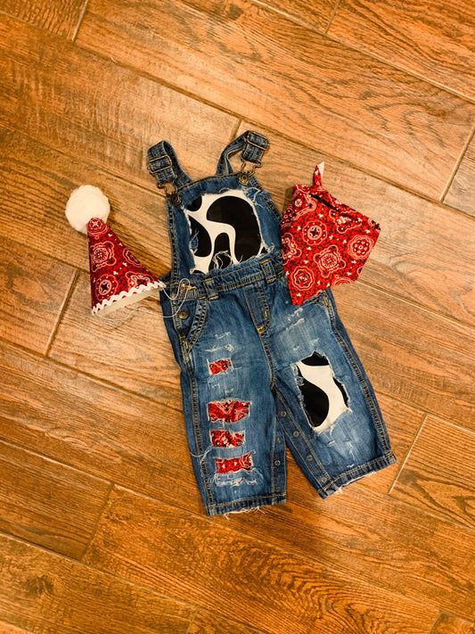 Distressed COWBOY BIRTHDAY outfit- FIRST birthday - overalls -red, denim & cow print birthday outfit -Country -Cowgirl - personalized-