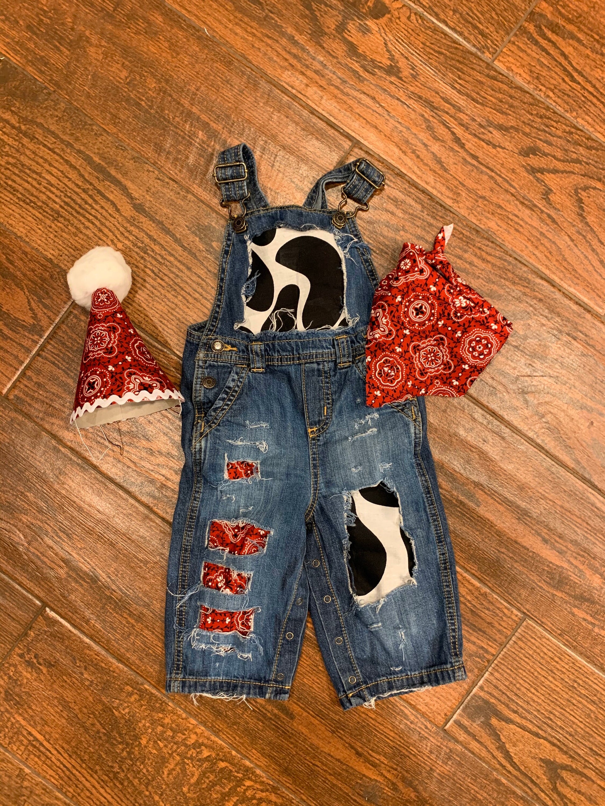 Distressed COWBOY BIRTHDAY outfit- FIRST birthday - overalls -red, denim & cow print birthday outfit -Country -Cowgirl - personalized-