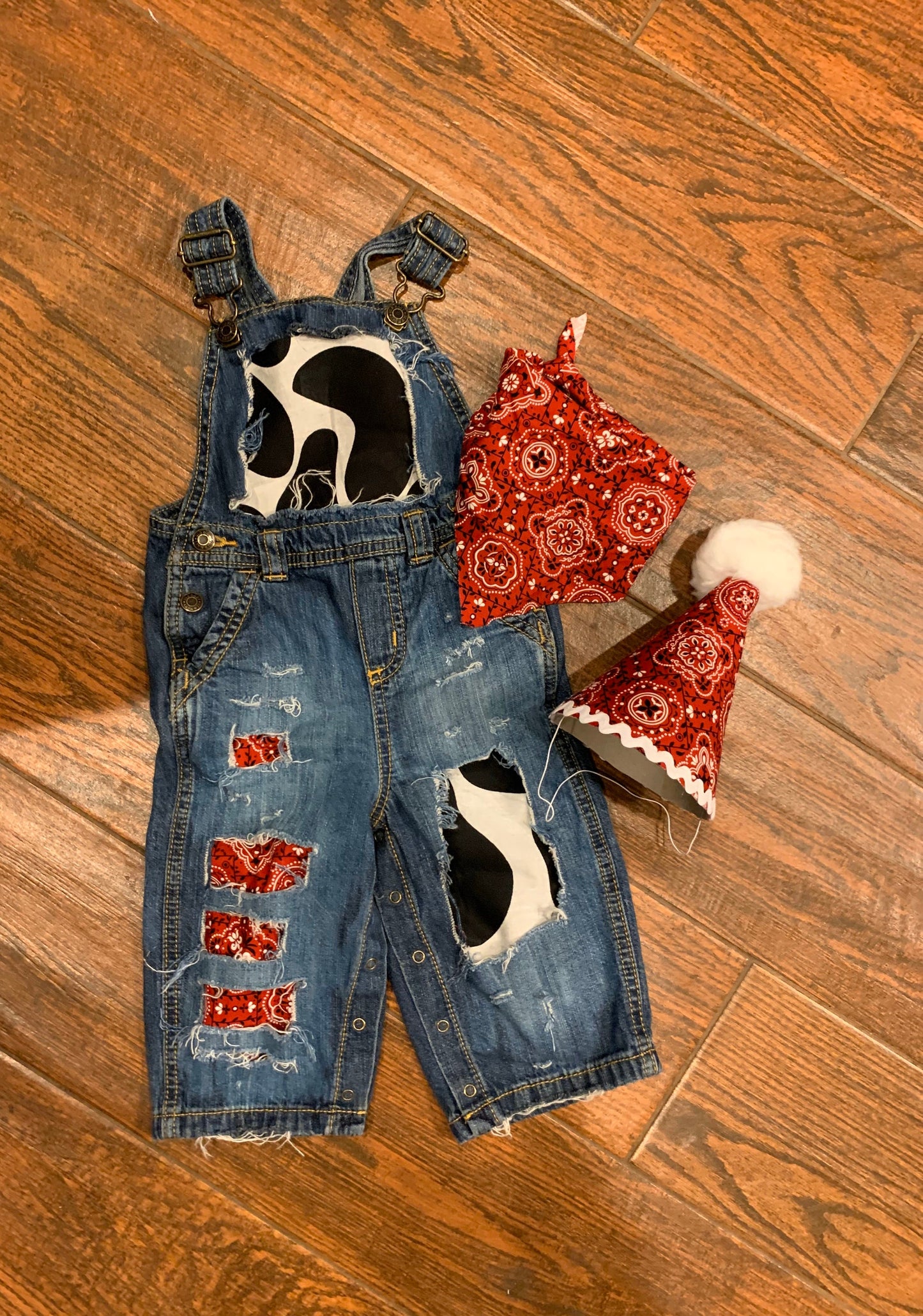 Distressed COWBOY BIRTHDAY outfit- FIRST birthday - overalls -red, denim & cow print birthday outfit -Country -Cowgirl - personalized-