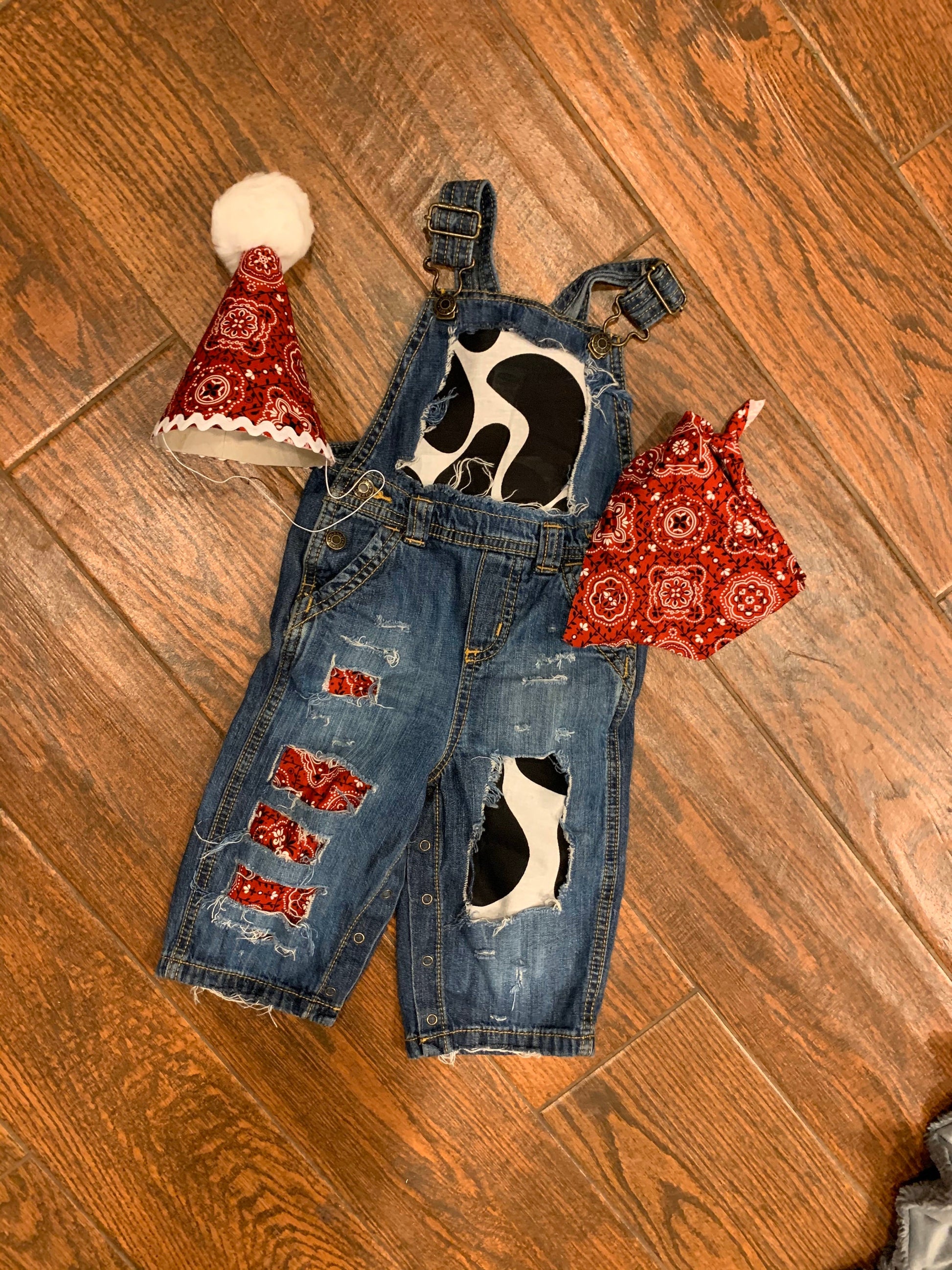 Distressed COWBOY BIRTHDAY outfit- FIRST birthday - overalls -red, denim & cow print birthday outfit -Country -Cowgirl - personalized-