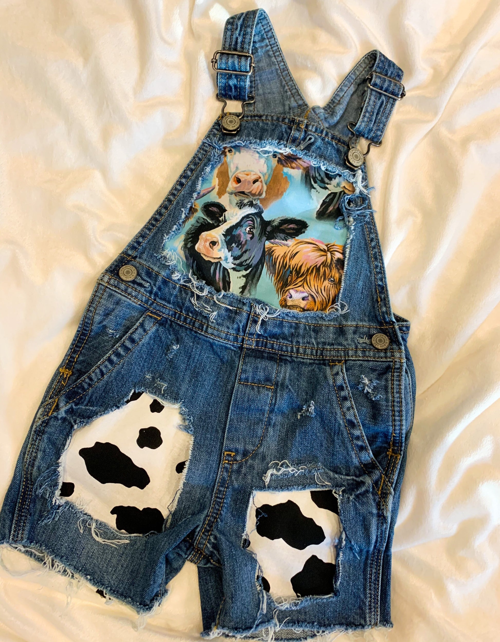Distressed Denim Overalls - cows - boutique - Patched cow print shorts - cowboy- distressed- cowgirl - jeans - unisex - babies - kids