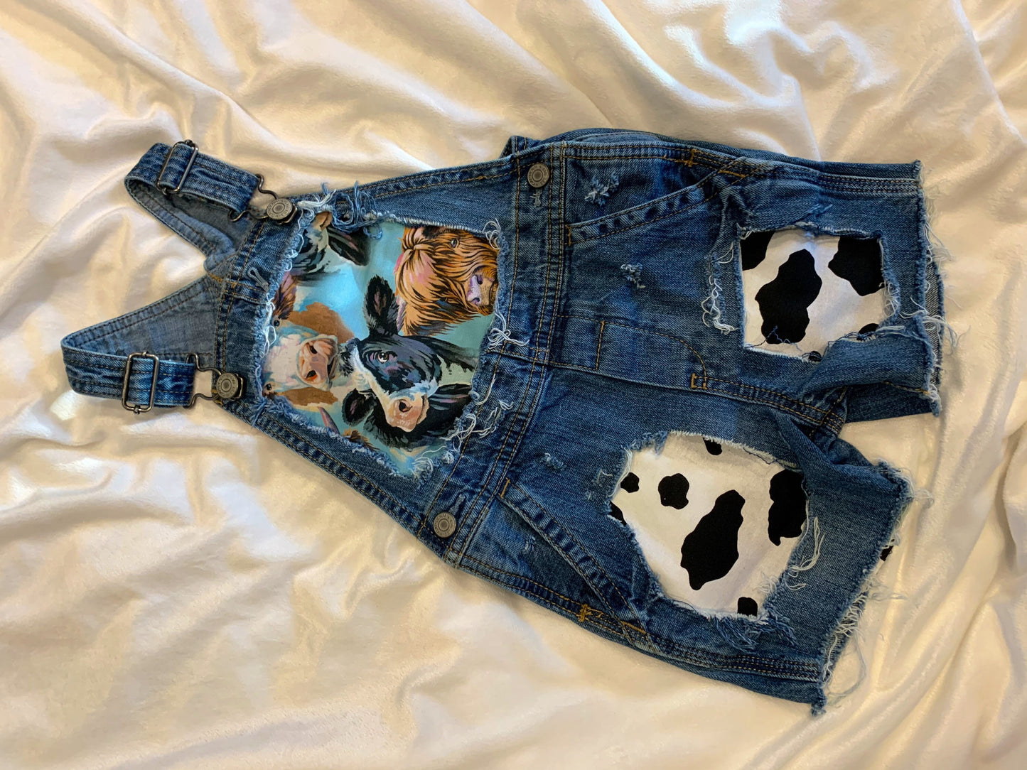 Distressed Denim Overalls - cows - boutique - Patched cow print shorts  - cowboy- distressed- cowgirl - jeans - unisex - babies - kids