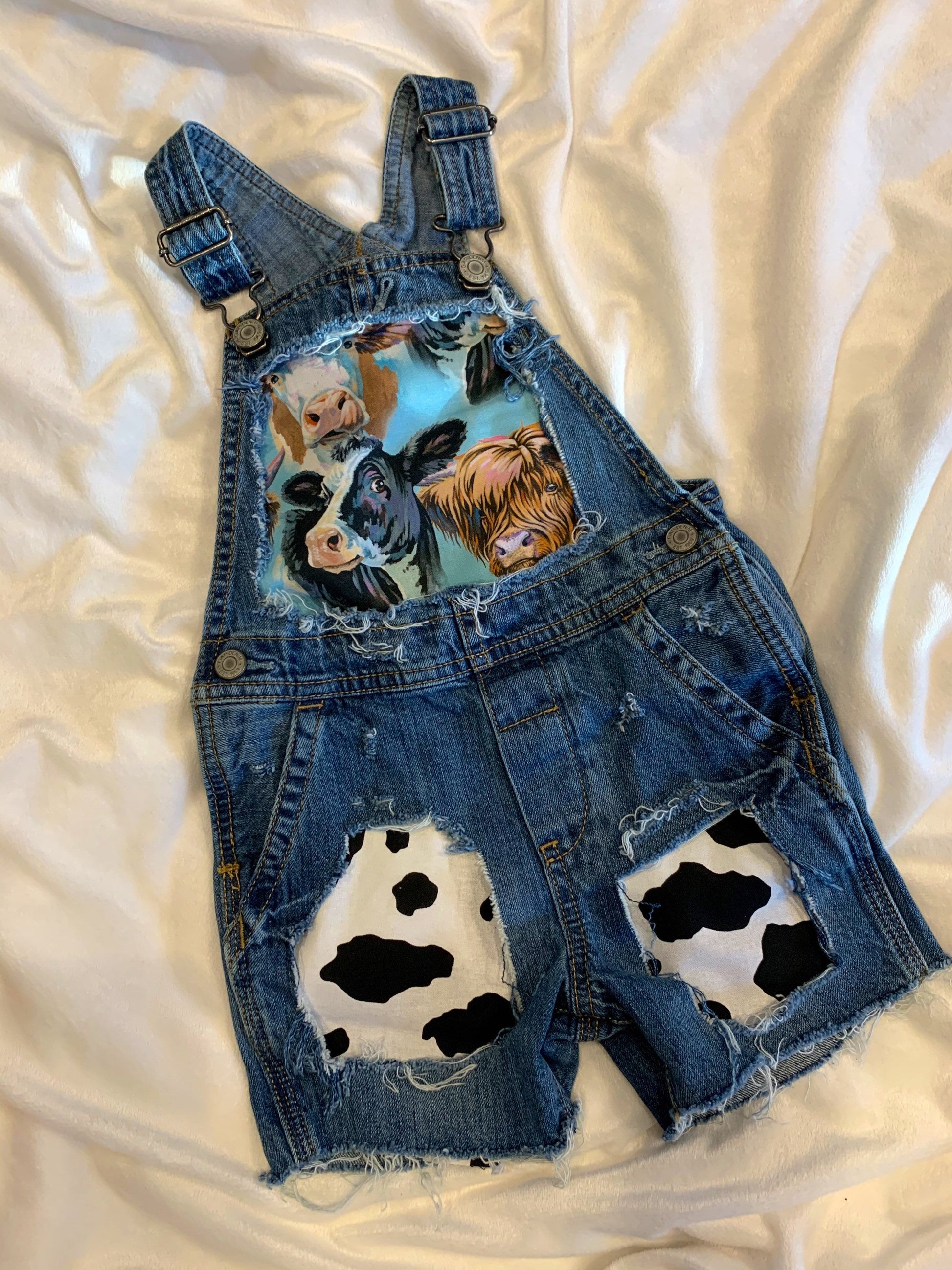 Distressed Denim Overalls - cows - boutique - Patched cow print shorts - cowboy- distressed- cowgirl - jeans - unisex - babies - kids