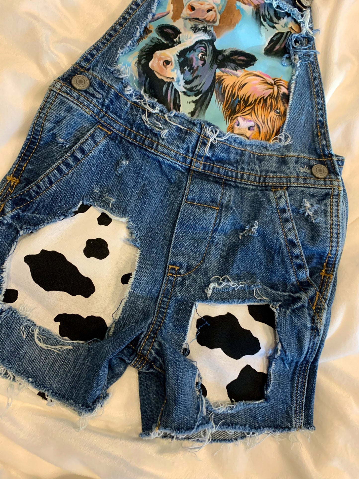 Distressed Denim Overalls - cows - boutique - Patched cow print shorts  - cowboy- distressed- cowgirl - jeans - unisex - babies - kids