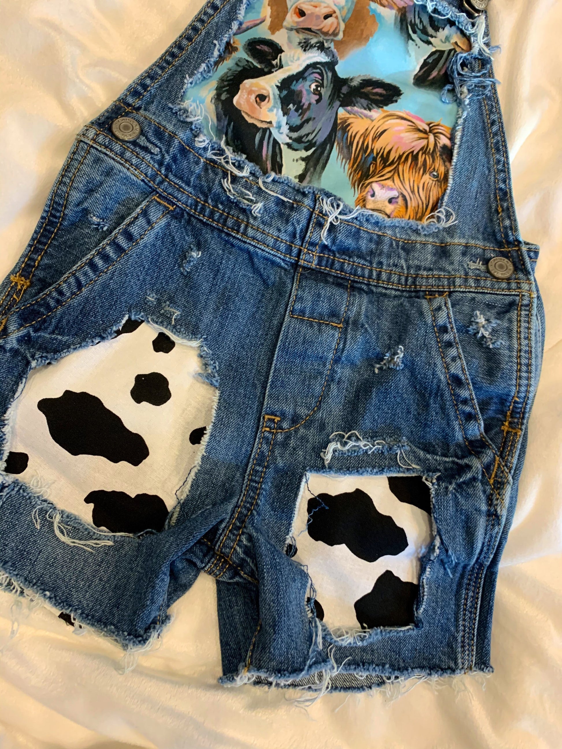 Distressed Denim Overalls - cows - boutique - Patched cow print shorts - cowboy- distressed- cowgirl - jeans - unisex - babies - kids