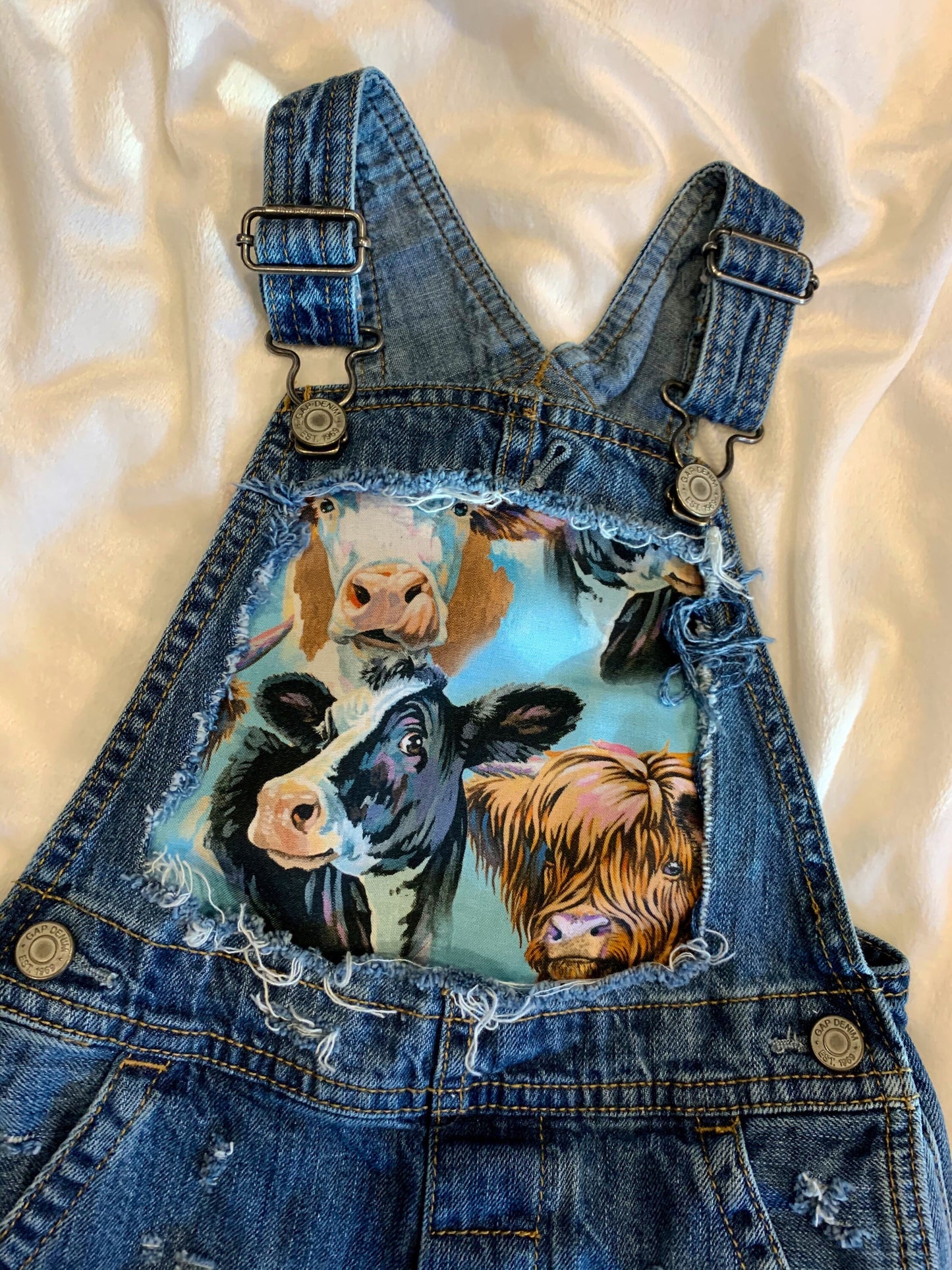 Distressed Denim Overalls - cows - boutique - Patched cow print shorts  - cowboy- distressed- cowgirl - jeans - unisex - babies - kids