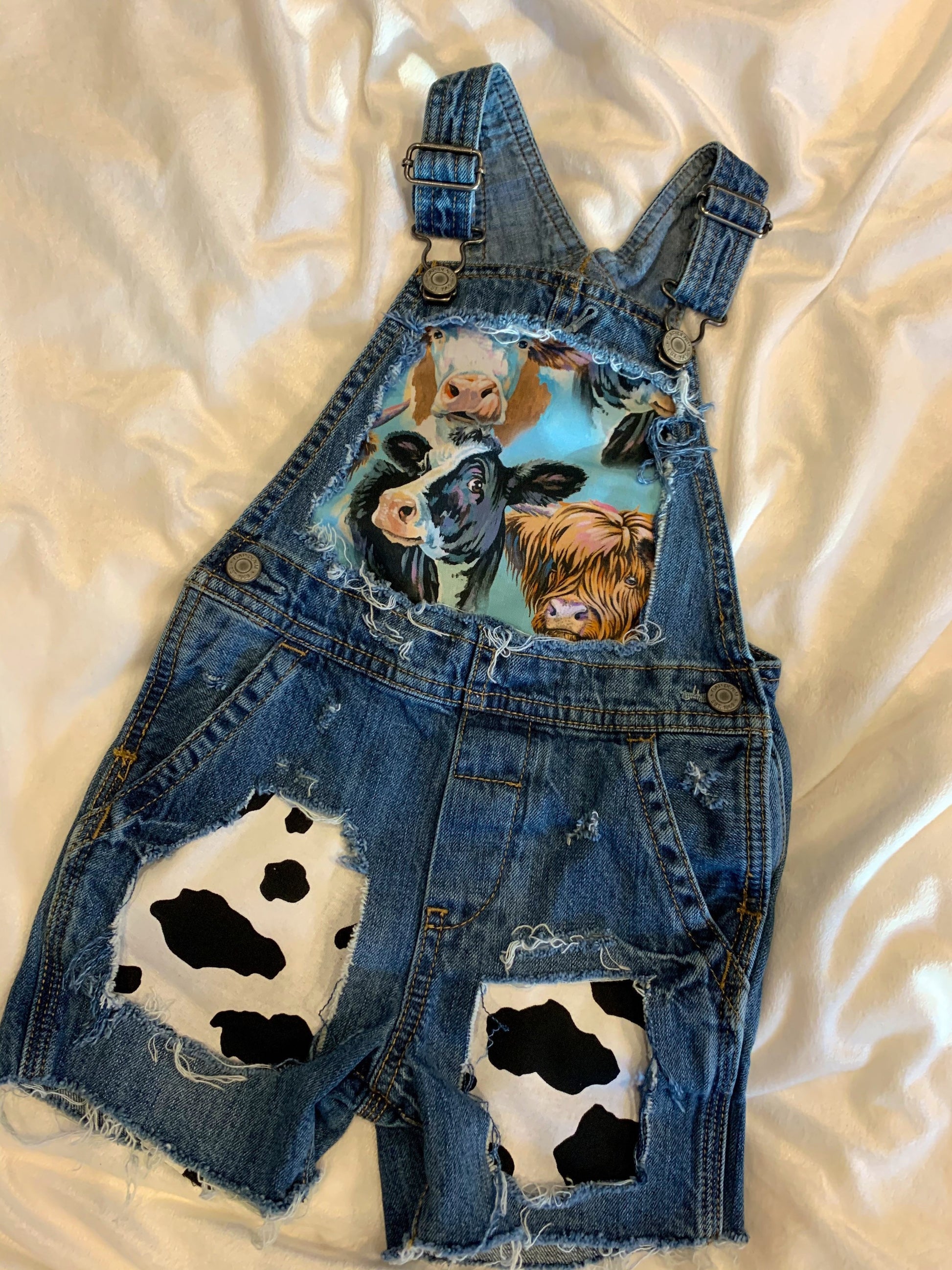 Distressed Denim Overalls - cows - boutique - Patched cow print shorts  - cowboy- distressed- cowgirl - jeans - unisex - babies - kids