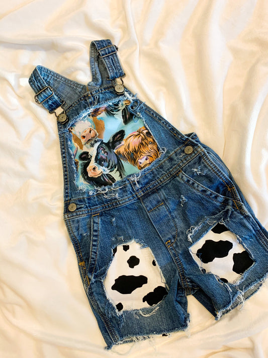 Distressed Denim Overalls - cows - boutique - Patched cow print shorts  - cowboy- distressed- cowgirl - jeans - unisex - babies - kids