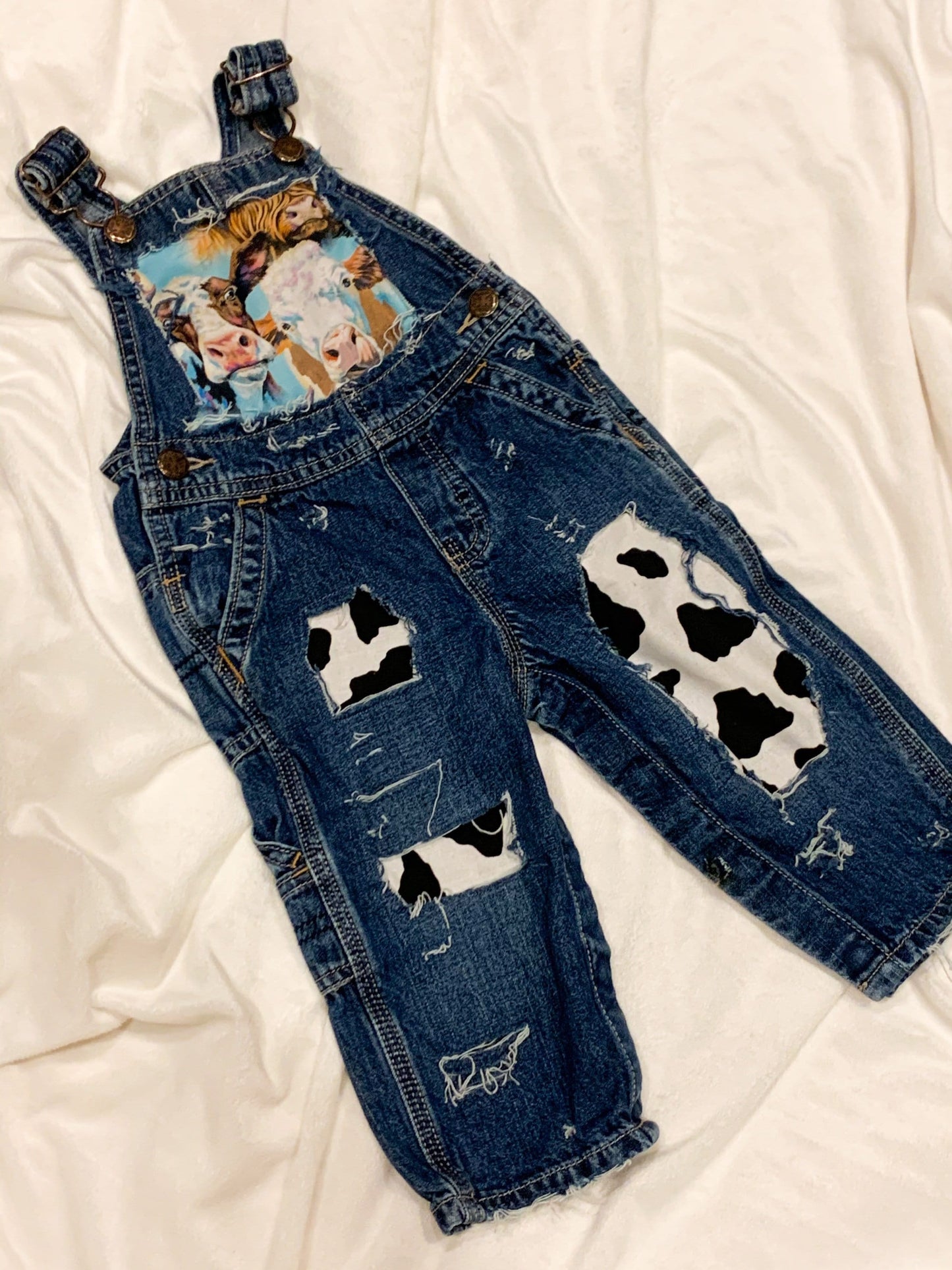 Distressed Denim Overalls - cows - boutique - Patched cow print shorts  - cowboy- distressed- cowgirl - jeans - unisex - babies - kids