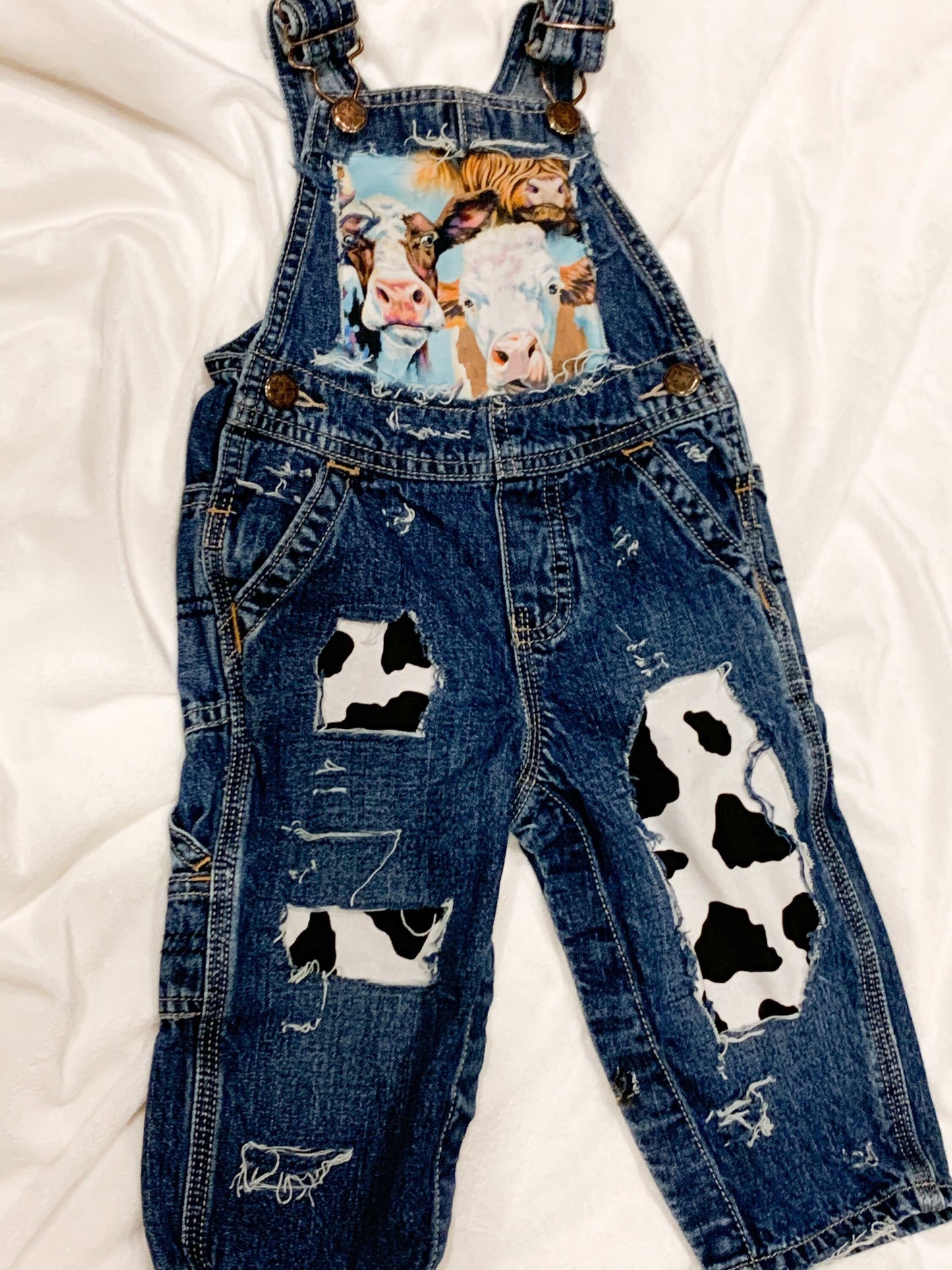 Distressed Denim Overalls - cows - boutique - Patched cow print shorts  - cowboy- distressed- cowgirl - jeans - unisex - babies - kids