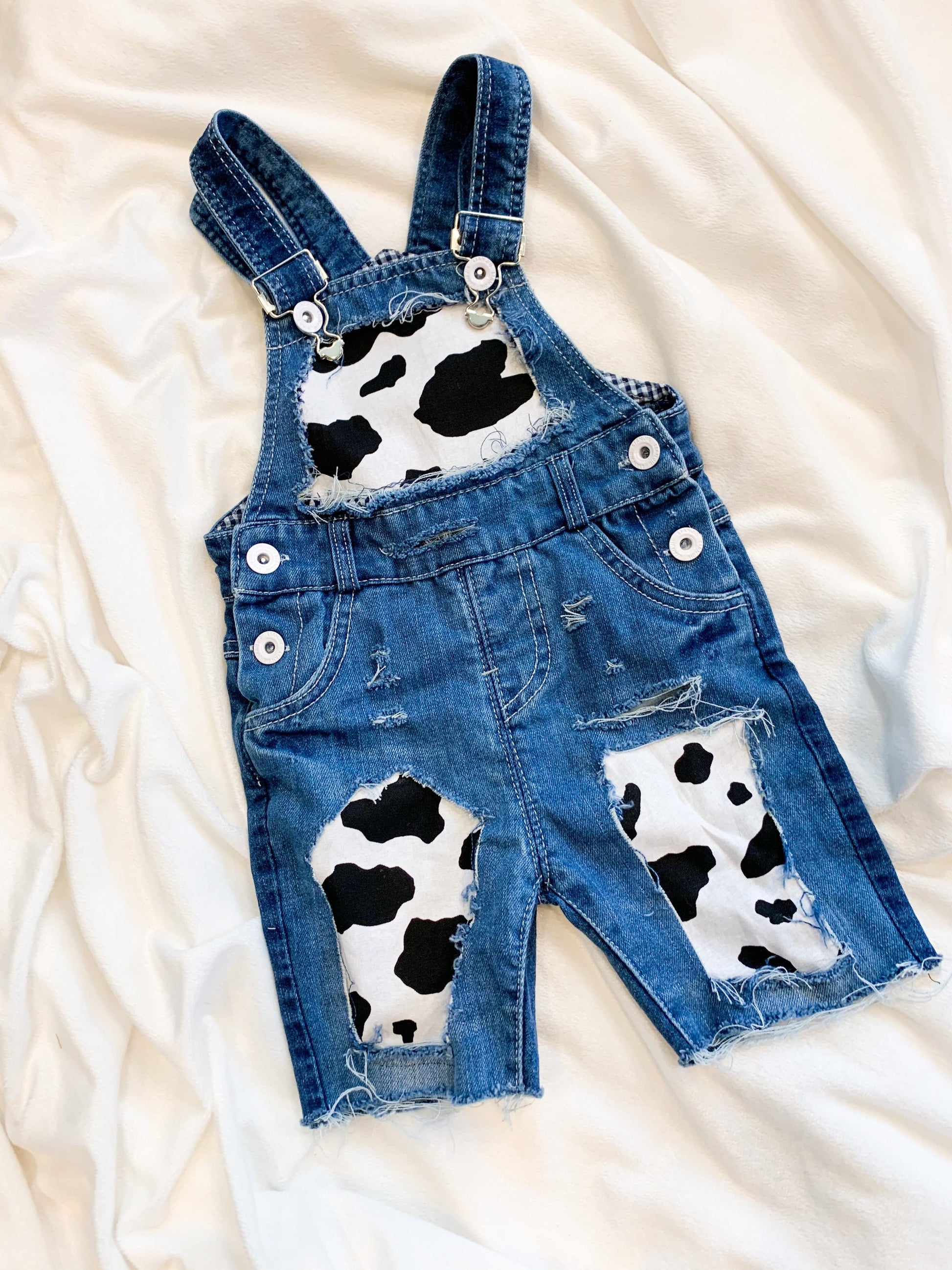 Distressed Denim Overalls - shortalls - boutique - Patched cow print shorts - cowboy- distressed- cowgirl - jeans - unisex - babies - kids