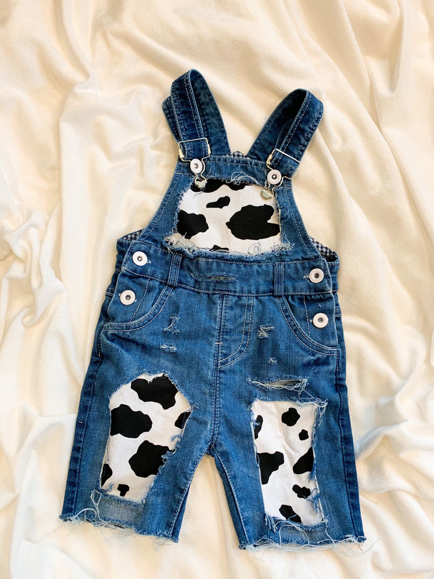 Distressed Denim Overalls - shortalls - boutique - Patched cow print shorts - cowboy- distressed- cowgirl - jeans - unisex - babies - kids