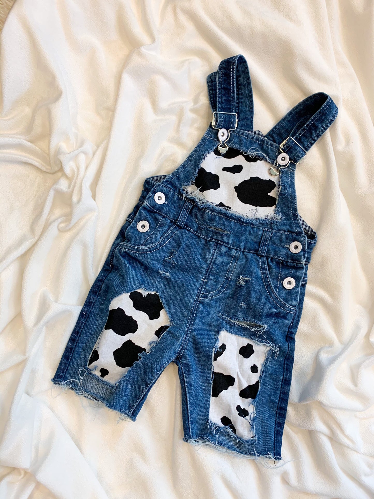 Distressed Denim Overalls - shortalls - boutique - Patched cow print shorts - cowboy- distressed- cowgirl - jeans - unisex - babies - kids