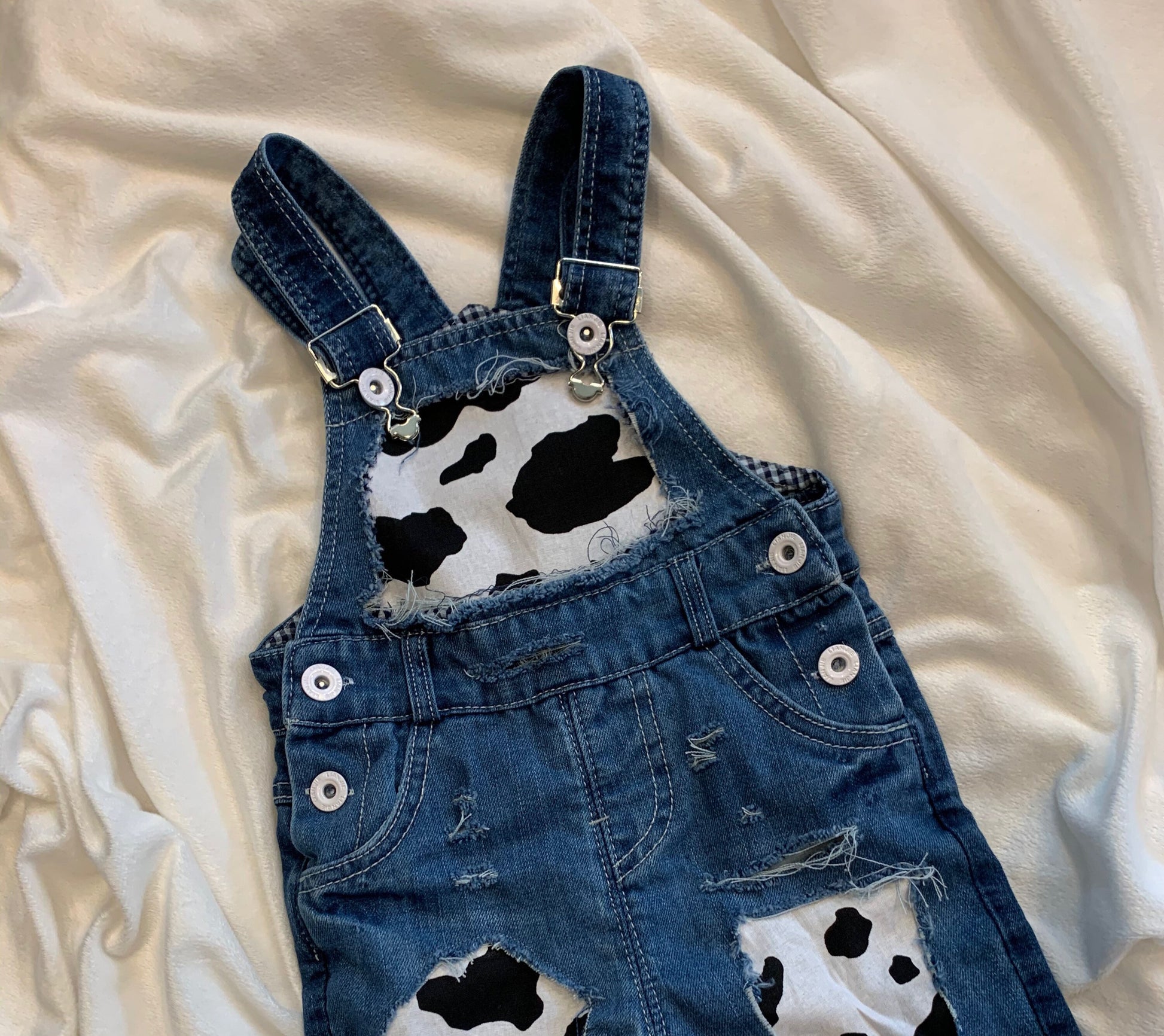 Distressed Denim Overalls - shortalls - boutique - Patched cow print shorts - cowboy- distressed- cowgirl - jeans - unisex - babies - kids