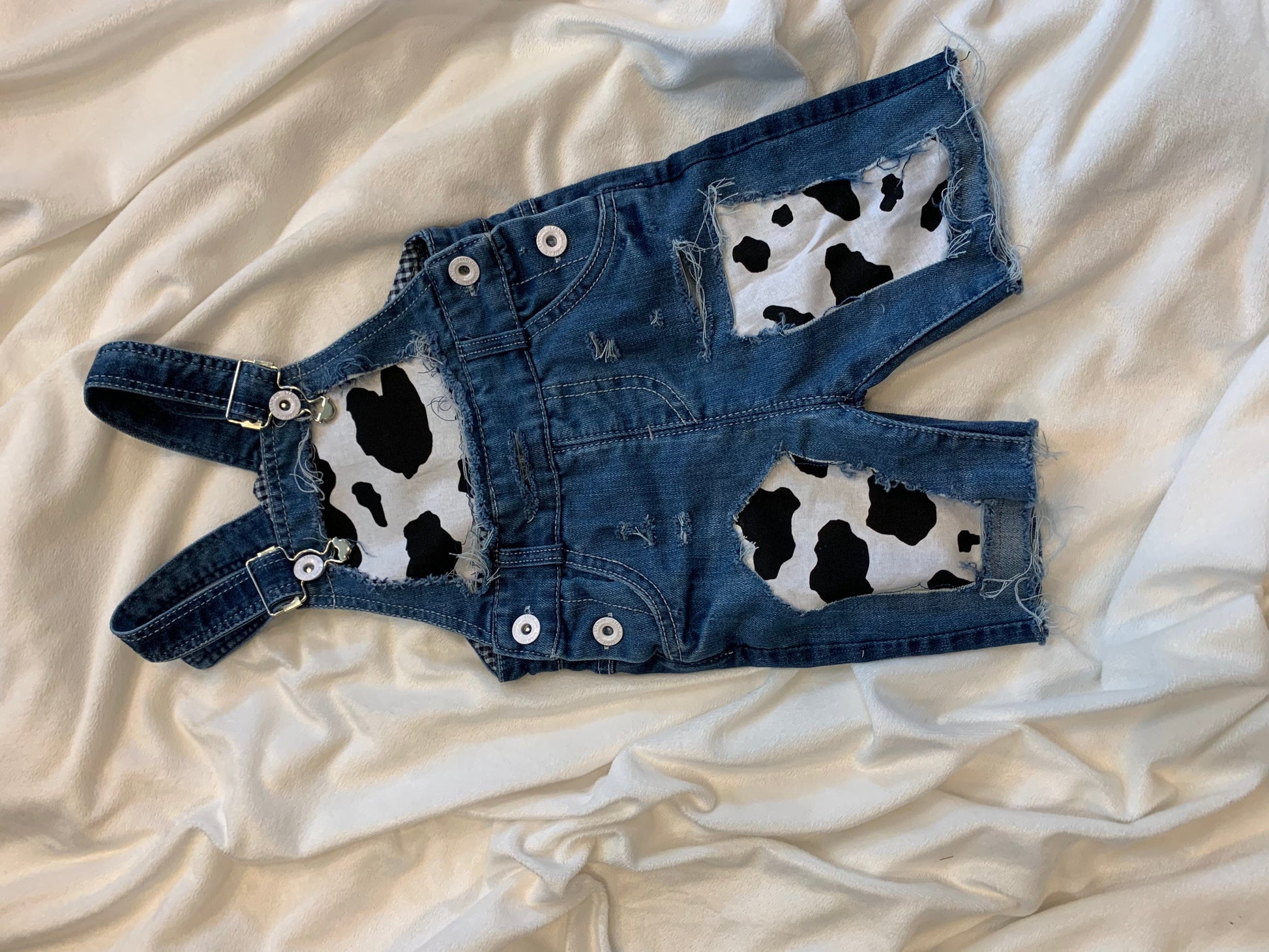 Distressed Denim Overalls - shortalls - boutique - Patched cow print shorts - cowboy- distressed- cowgirl - jeans - unisex - babies - kids