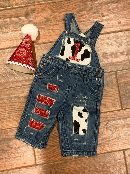 COWBOY BIRTHDAY outfit- FIRST birthday - overalls -red, denim & cow print birthday outfit -Country -Cowgirl - personalized- farm birthday