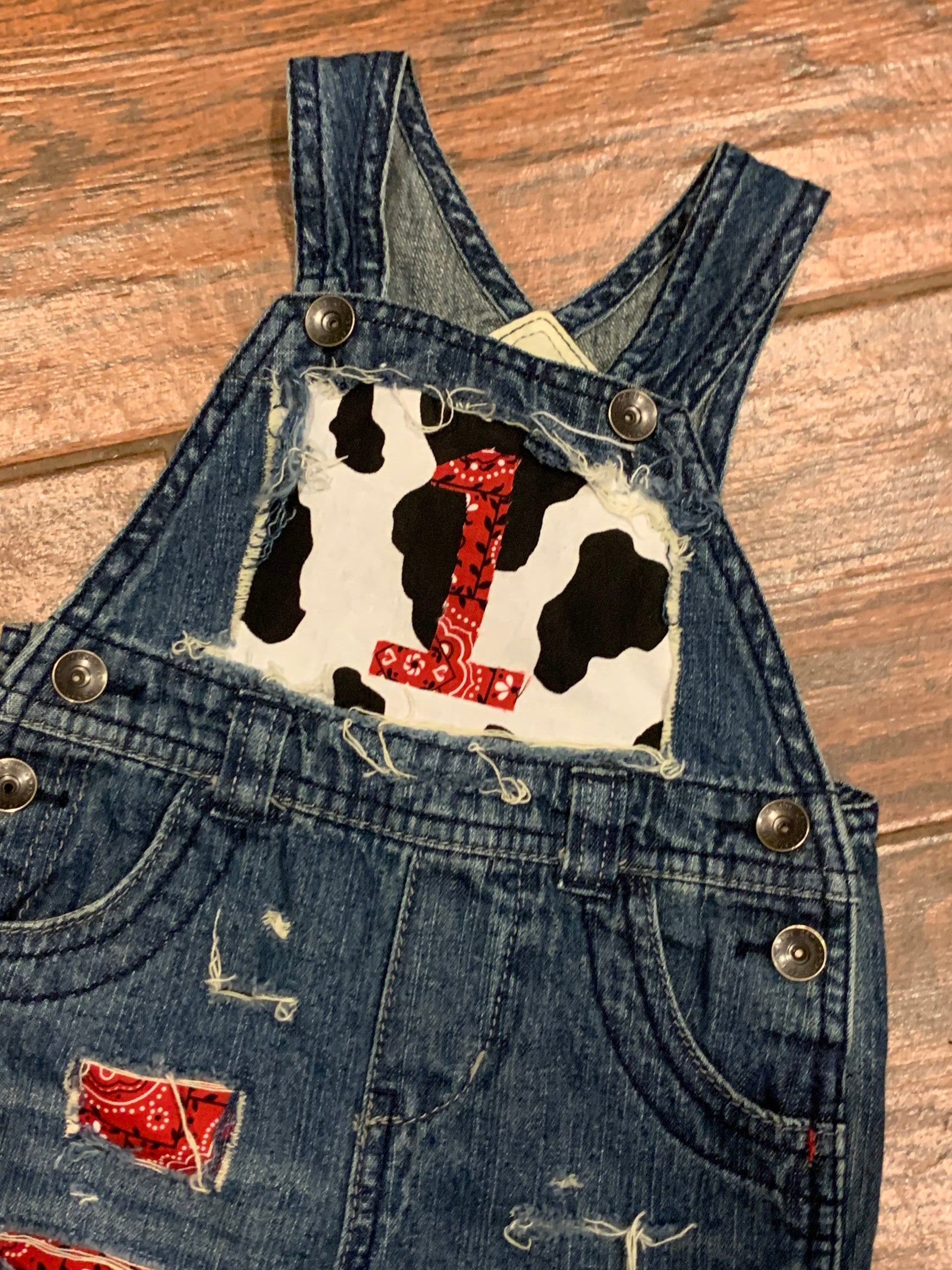 COWBOY BIRTHDAY outfit- FIRST birthday - overalls -red, denim & cow print birthday outfit -Country -Cowgirl - personalized- farm birthday