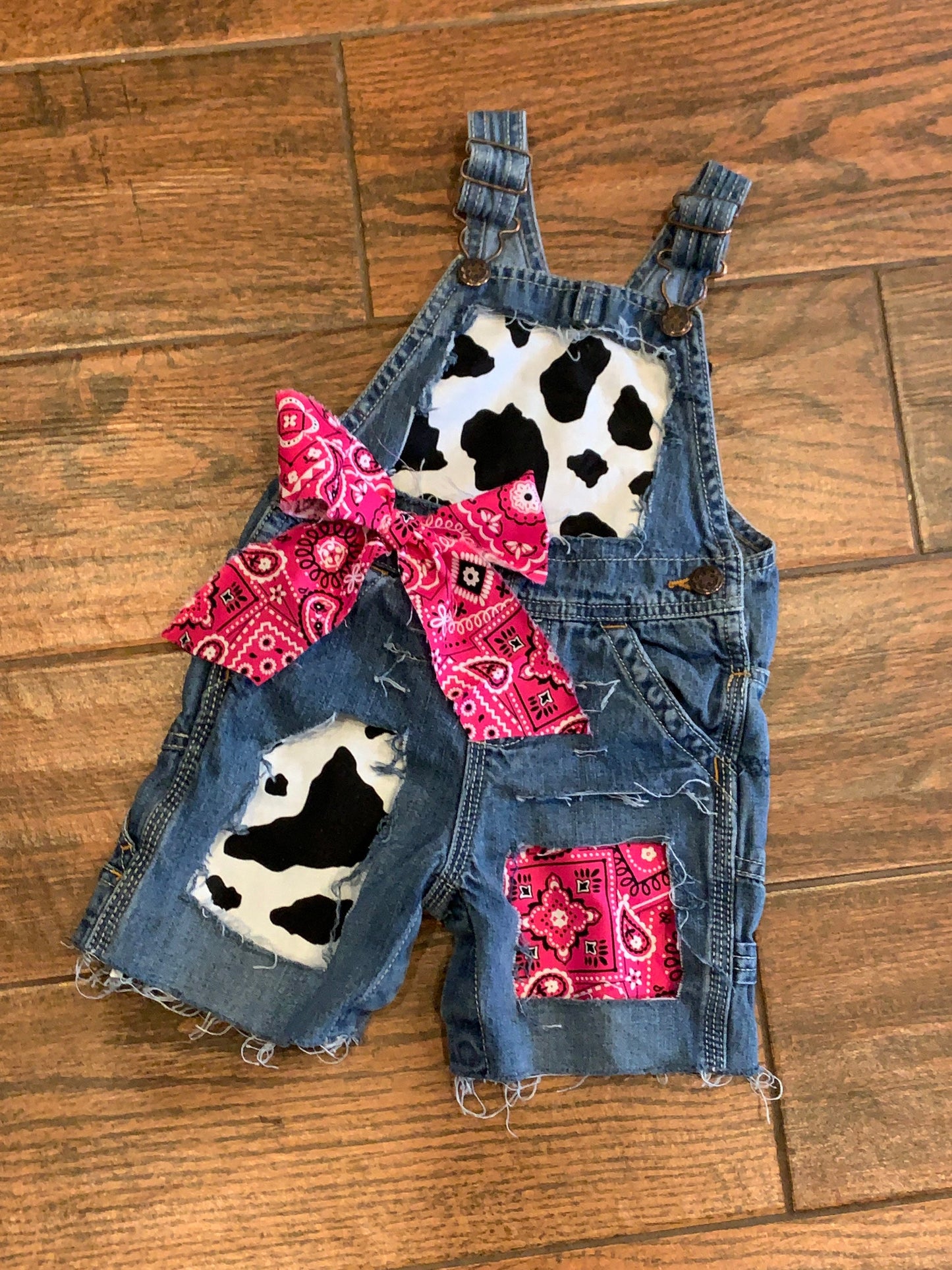 Girls Cow print overalls  - cows - boutique - Patched bandana print overall shorts- distressed- cowgirl - pink bandana - farm birthday