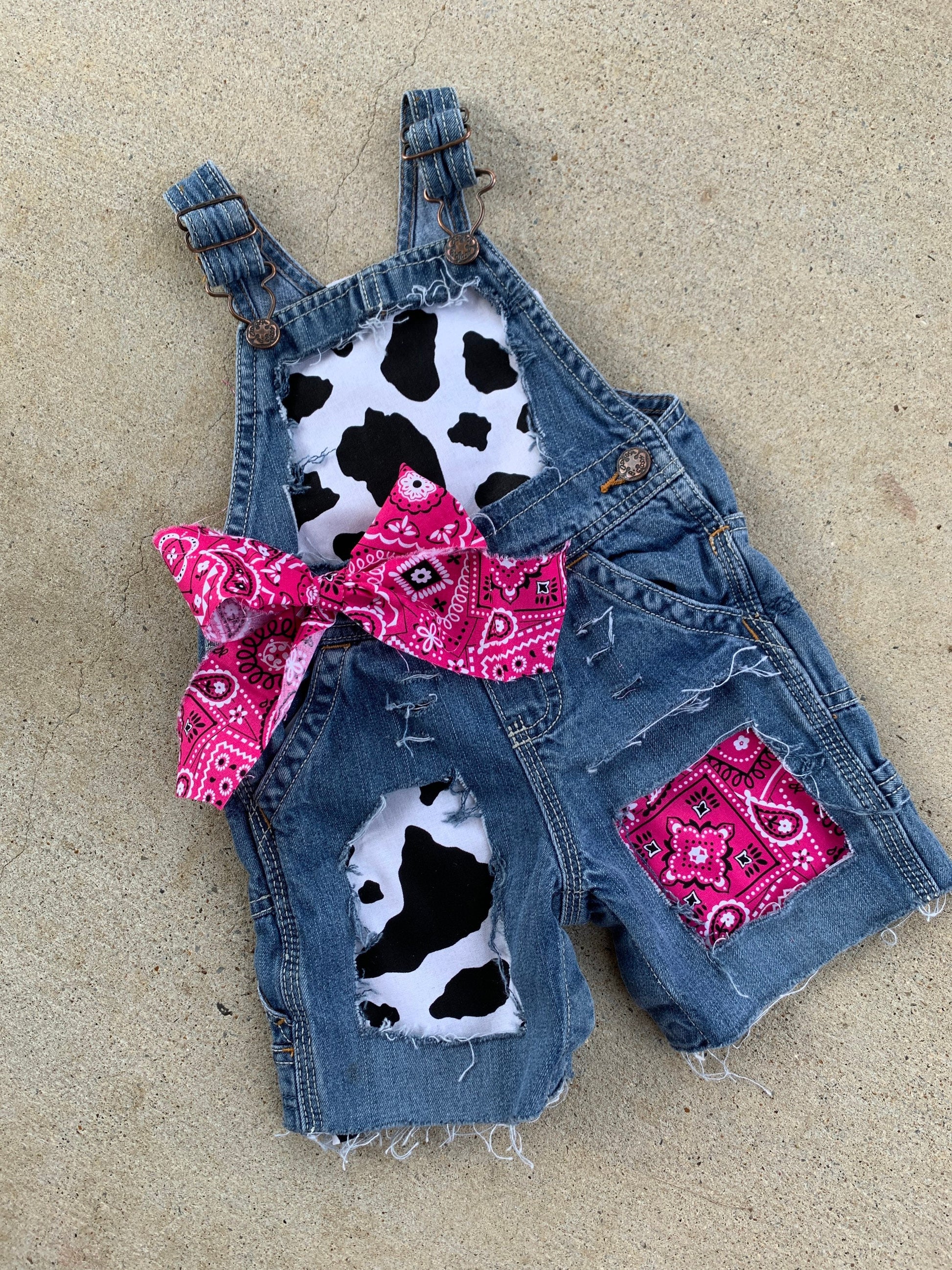 Girls Cow print overalls  - cows - boutique - Patched bandana print overall shorts- distressed- cowgirl - pink bandana - farm birthday