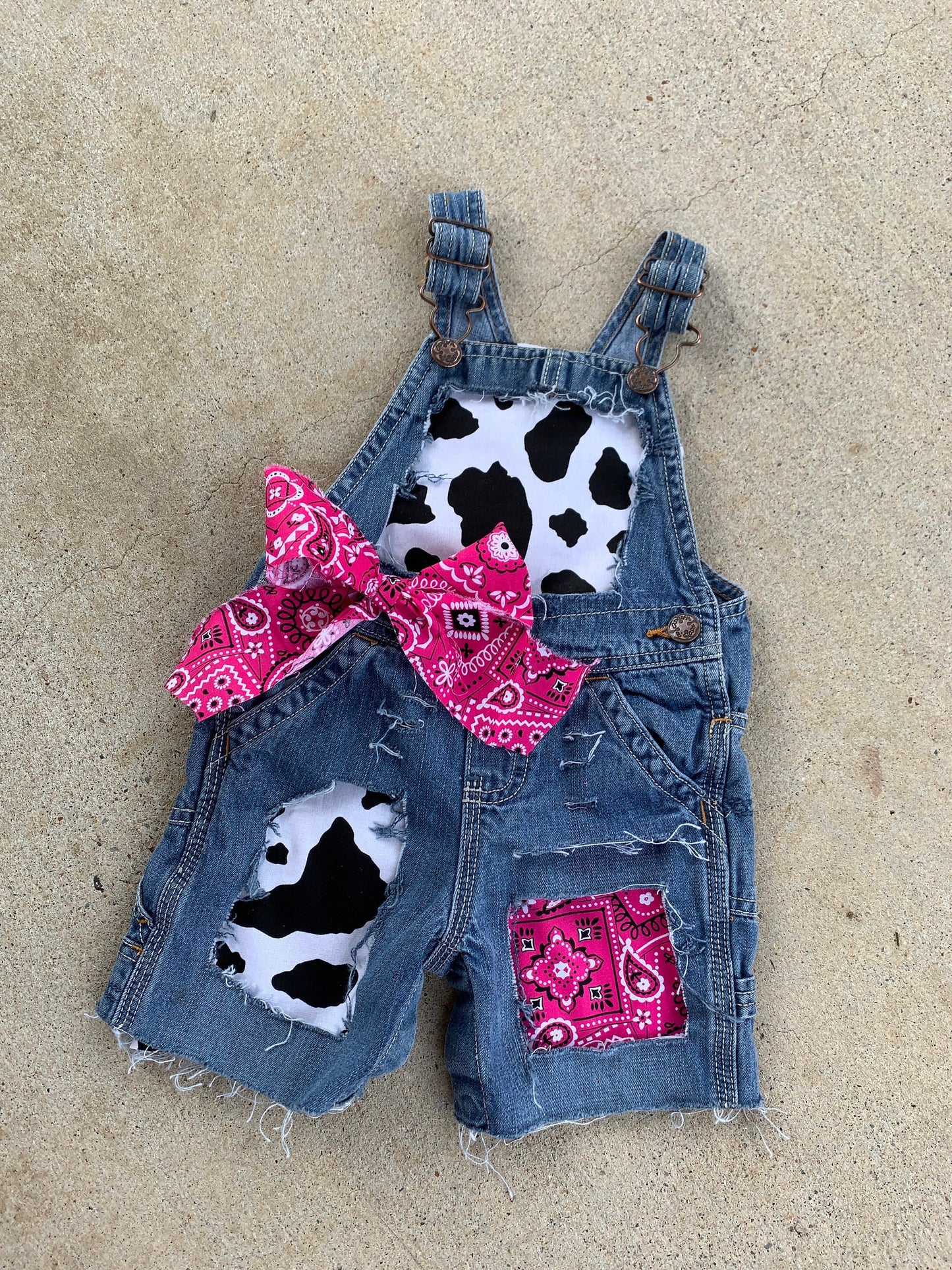 Girls Cow print overalls  - cows - boutique - Patched bandana print overall shorts- distressed- cowgirl - pink bandana - farm birthday