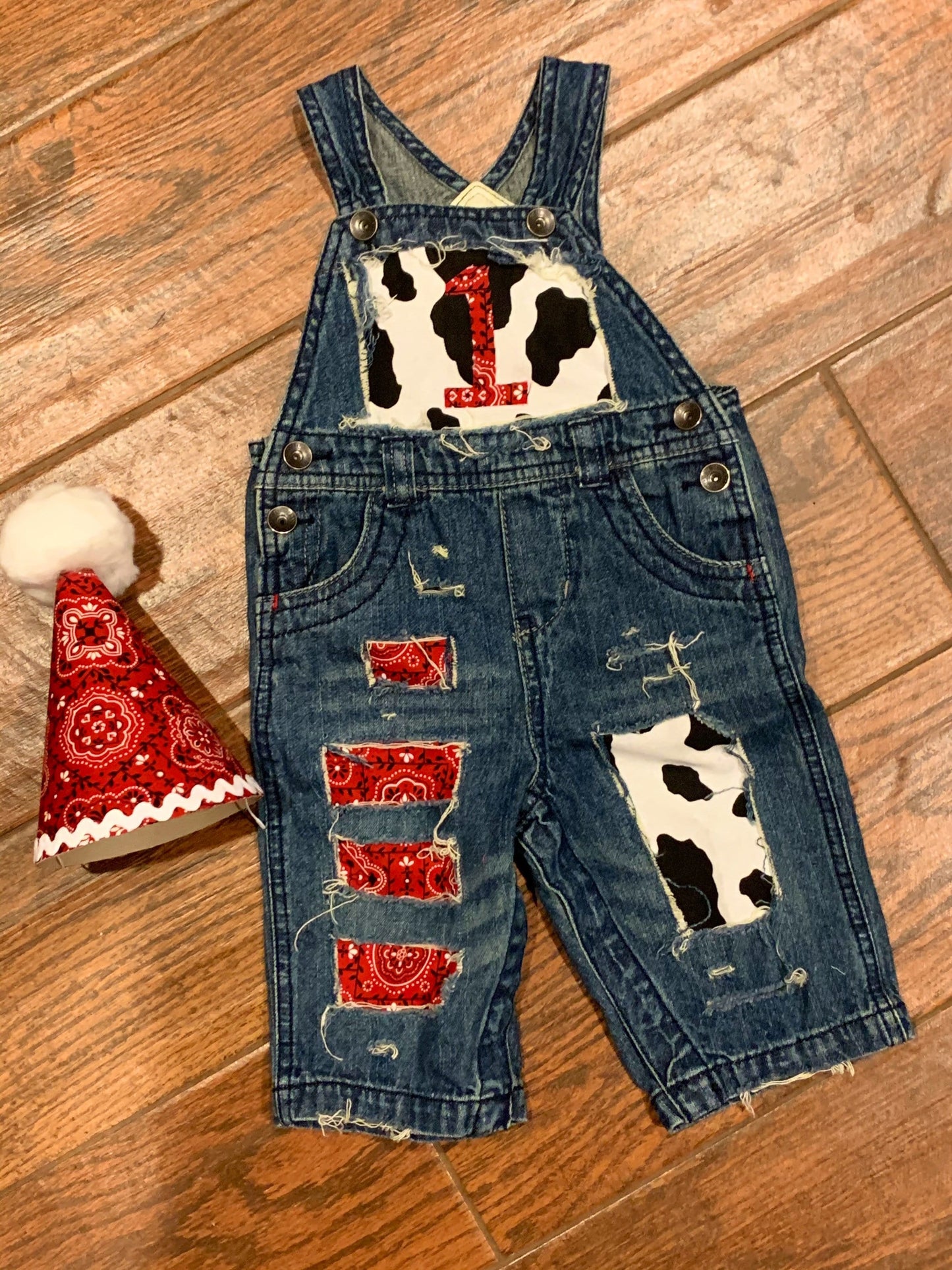 COWBOY BIRTHDAY outfit- FIRST birthday - overalls -red, denim & cow print birthday outfit -Country -Cowgirl - personalized- farm birthday