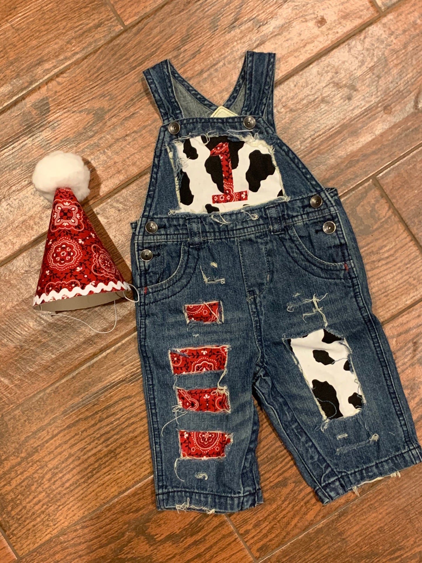 COWBOY BIRTHDAY outfit- FIRST birthday - overalls -red, denim & cow print birthday outfit -Country -Cowgirl - personalized- farm birthday