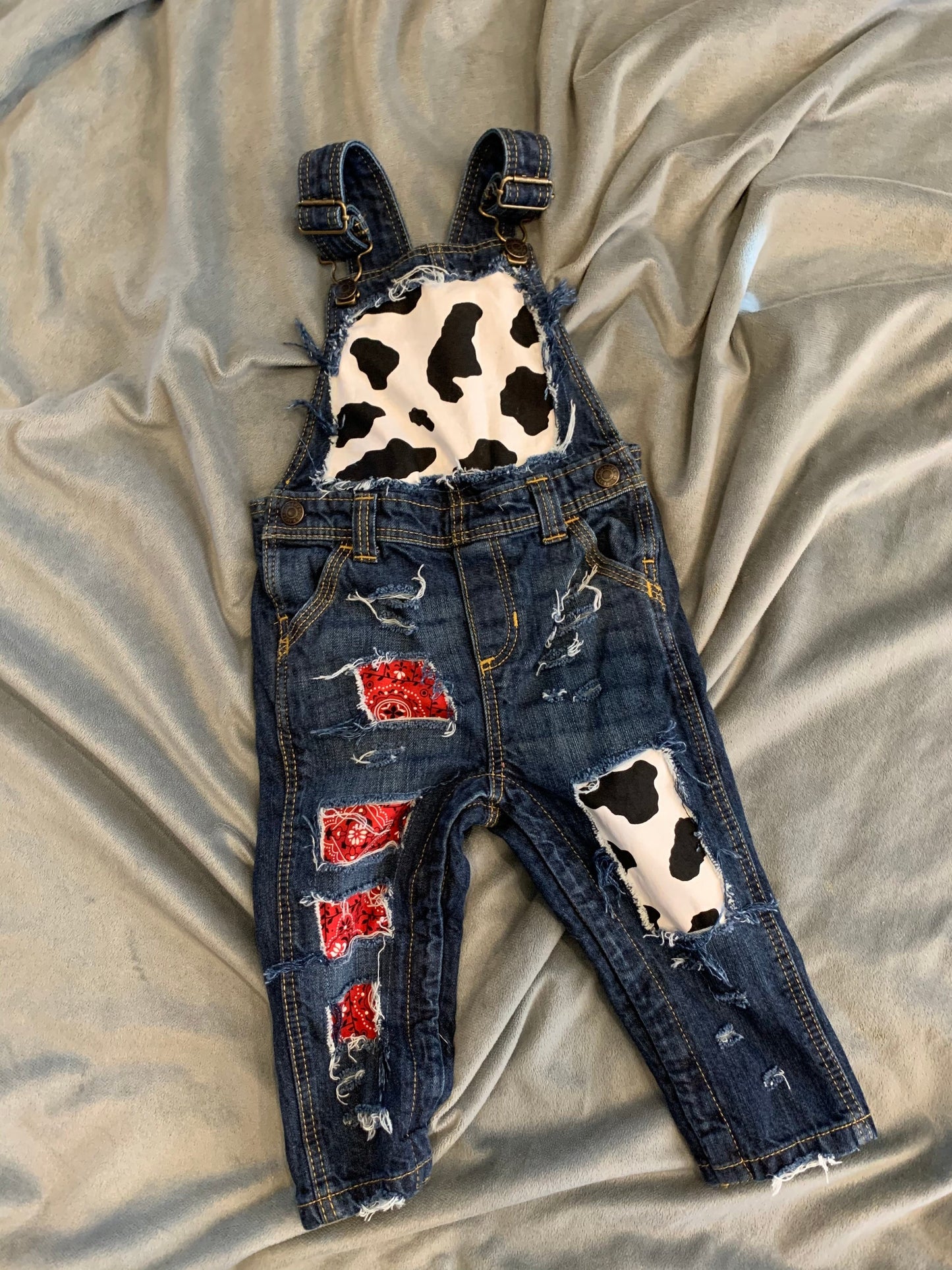 Distressed Denim Overalls - cow print bandana- cowboy overalls - cowgirl overalls - jeans - unisex - babies - kids- farm birthday - country