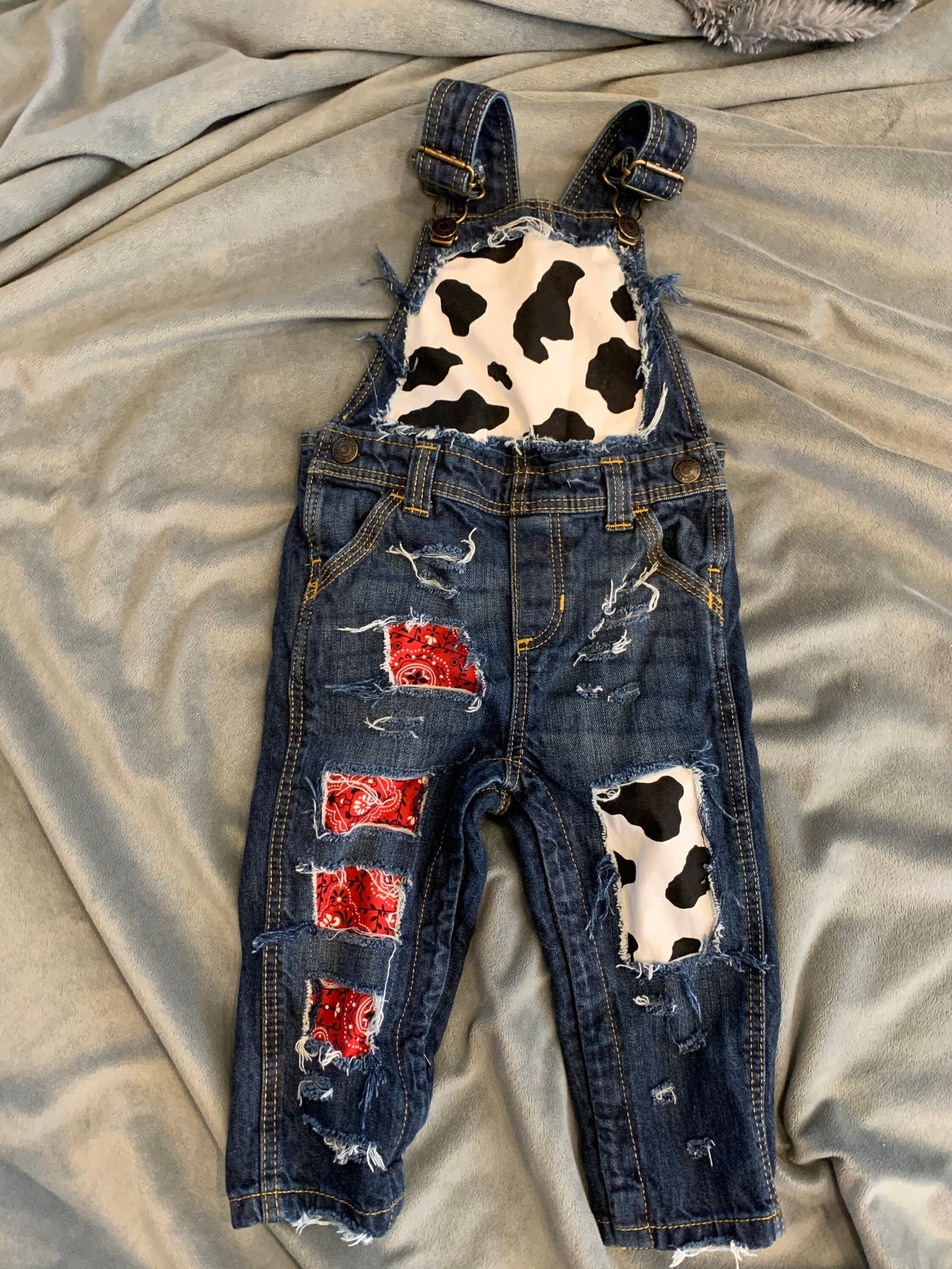 Distressed Denim Overalls - cow print bandana- cowboy overalls - cowgirl overalls - jeans - unisex - babies - kids- farm birthday - country