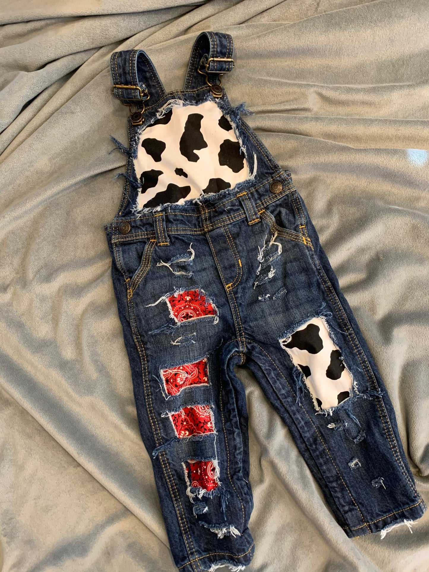 Distressed Denim Overalls - cow print bandana- cowboy overalls - cowgirl overalls - jeans - unisex - babies - kids- farm birthday - country