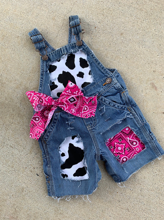 Girls Cow print overalls  - cows - boutique - Patched bandana print overall shorts- distressed- cowgirl - pink bandana - farm birthday