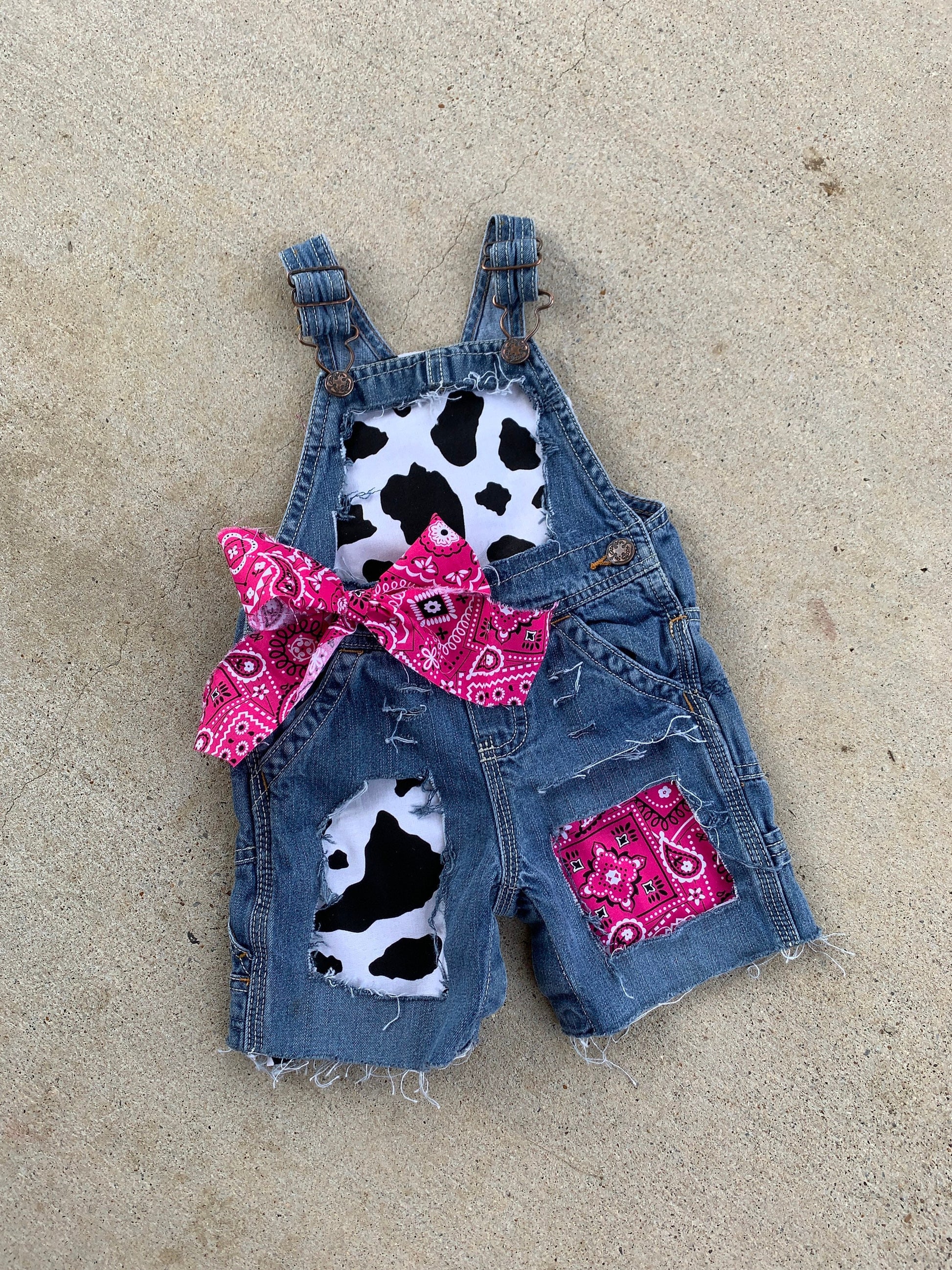 Girls Cow print overalls  - cows - boutique - Patched bandana print overall shorts- distressed- cowgirl - pink bandana - farm birthday