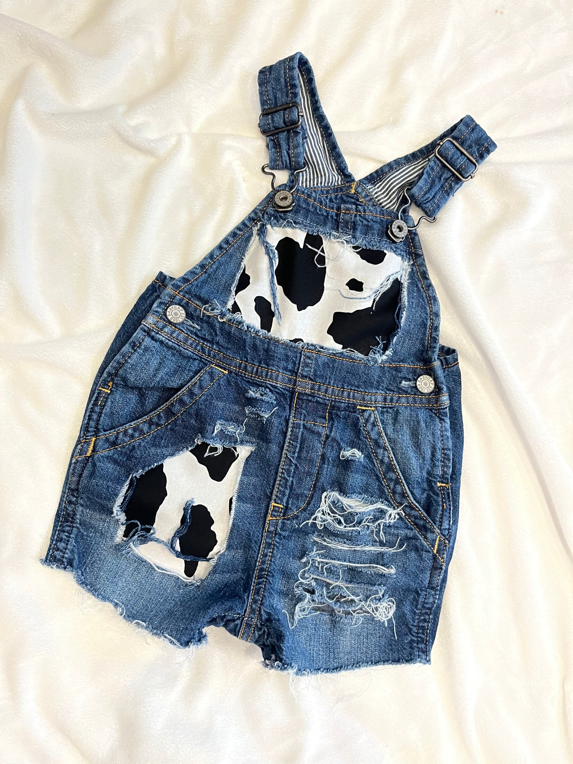 Distressed Denim Short overalls - cows - boutique - Patched cow print shorts - cowboy- distressed- cowgirl - jeans - unisex - babies -