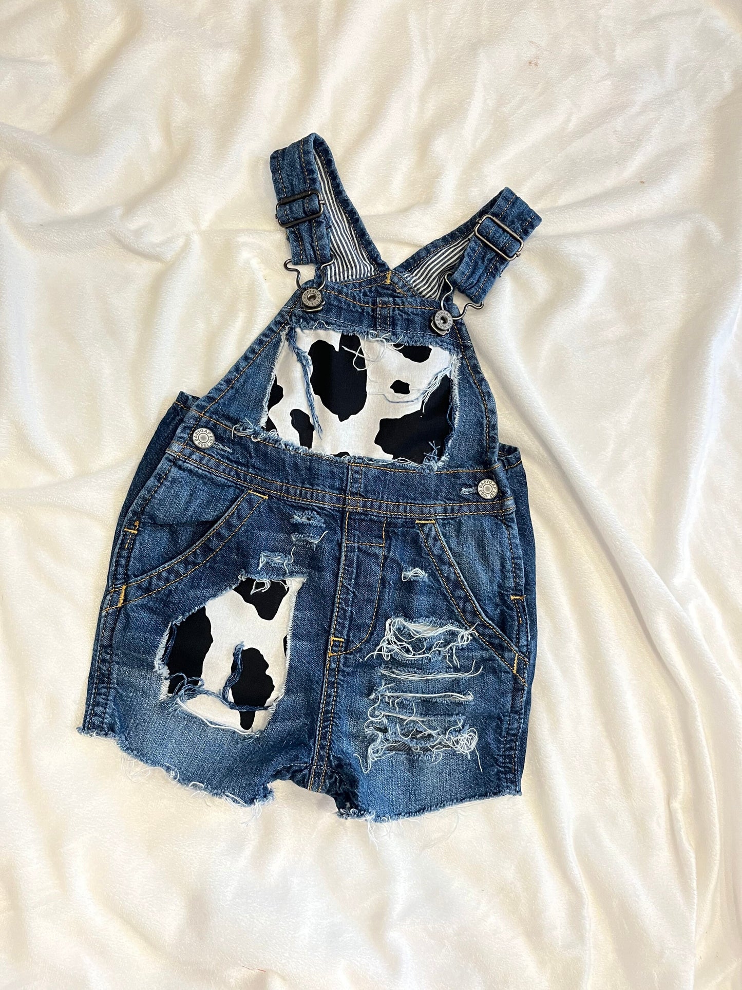 Distressed Denim Short overalls - cows - boutique - Patched cow print shorts - cowboy- distressed- cowgirl - jeans - unisex - babies -