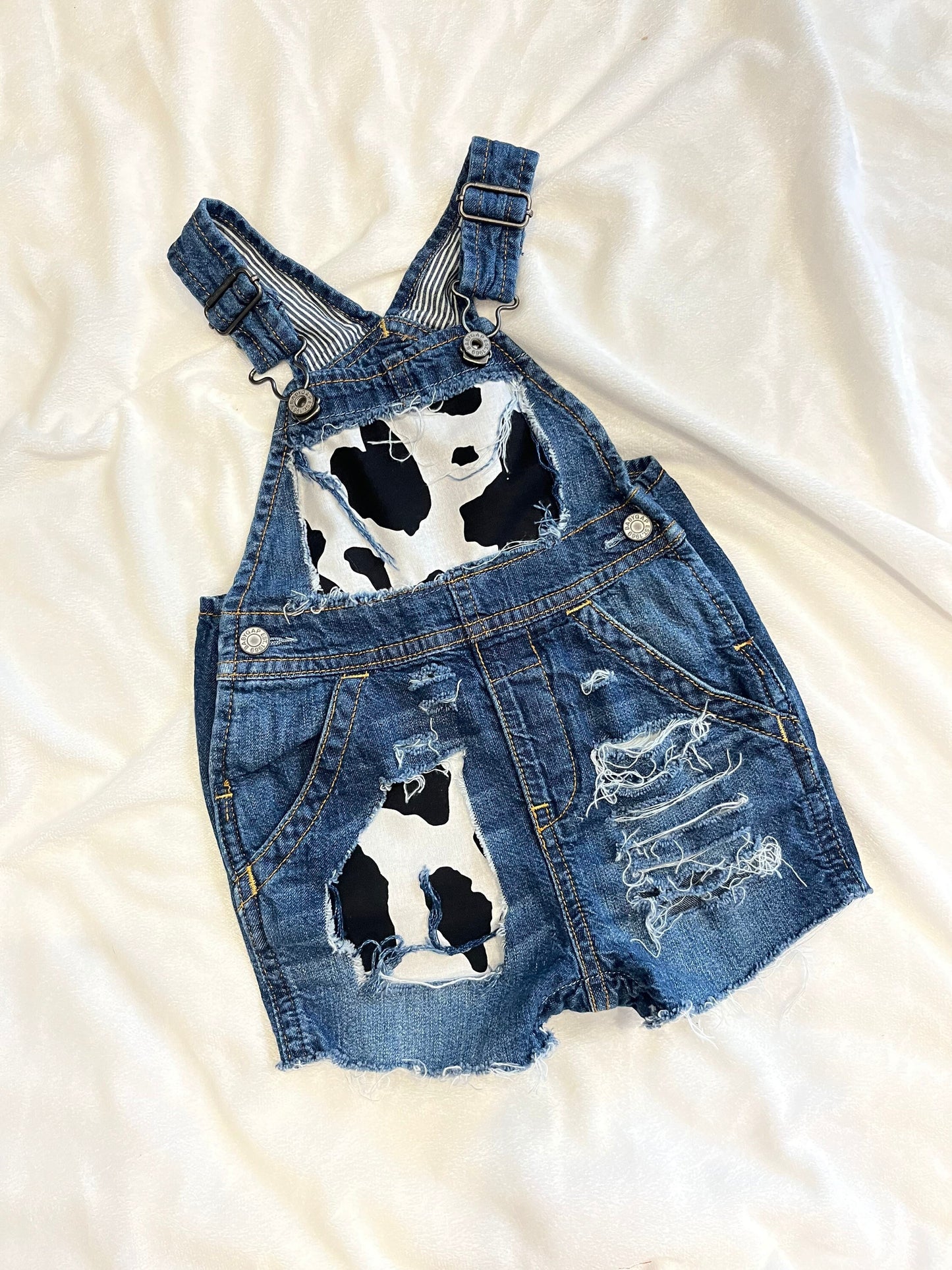 Distressed Denim Short overalls - cows - boutique - Patched cow print shorts - cowboy- distressed- cowgirl - jeans - unisex - babies -