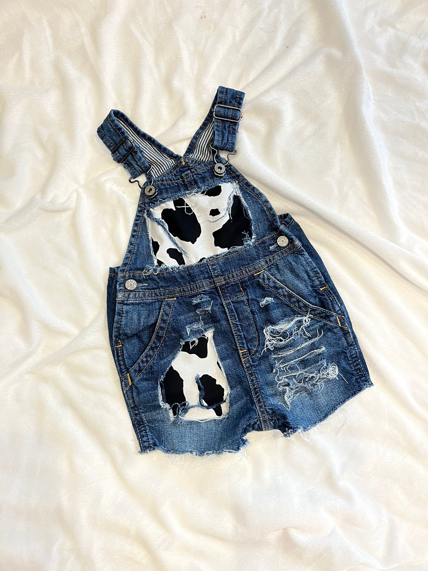 Distressed Denim Short overalls - cows - boutique - Patched cow print shorts - cowboy- distressed- cowgirl - jeans - unisex - babies -