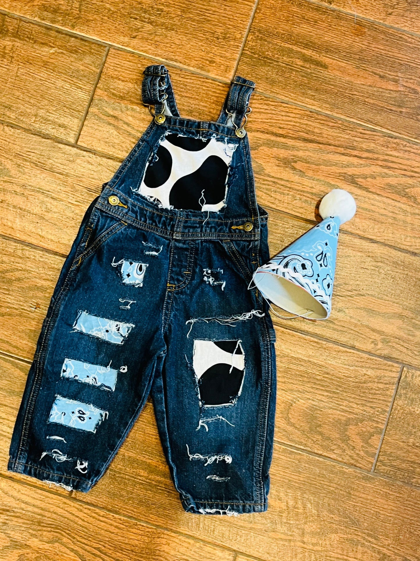 Distressed COWBOY BIRTHDAY outfit- FIRST birthday - overalls -baby blue, denim & cow print birthday outfit -Country -Bandana - personalized-