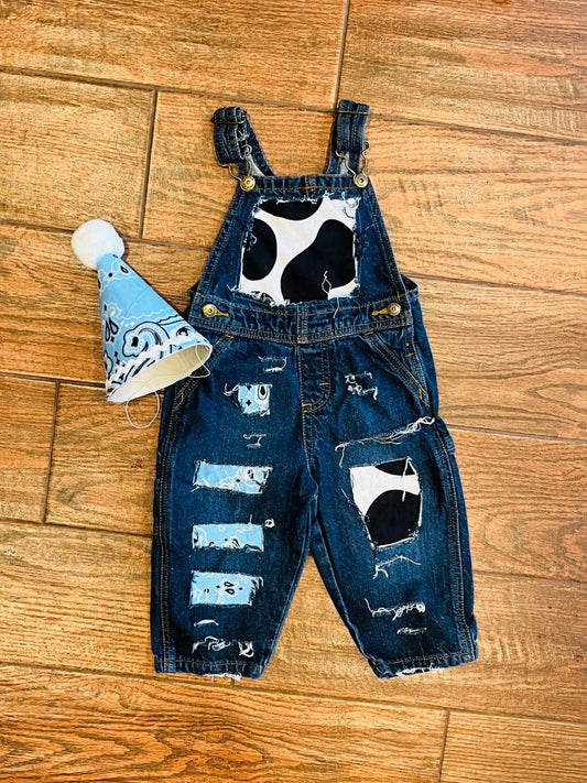 Distressed COWBOY BIRTHDAY outfit- FIRST birthday - overalls -baby blue, denim & cow print birthday outfit -Country -Bandana - personalized-