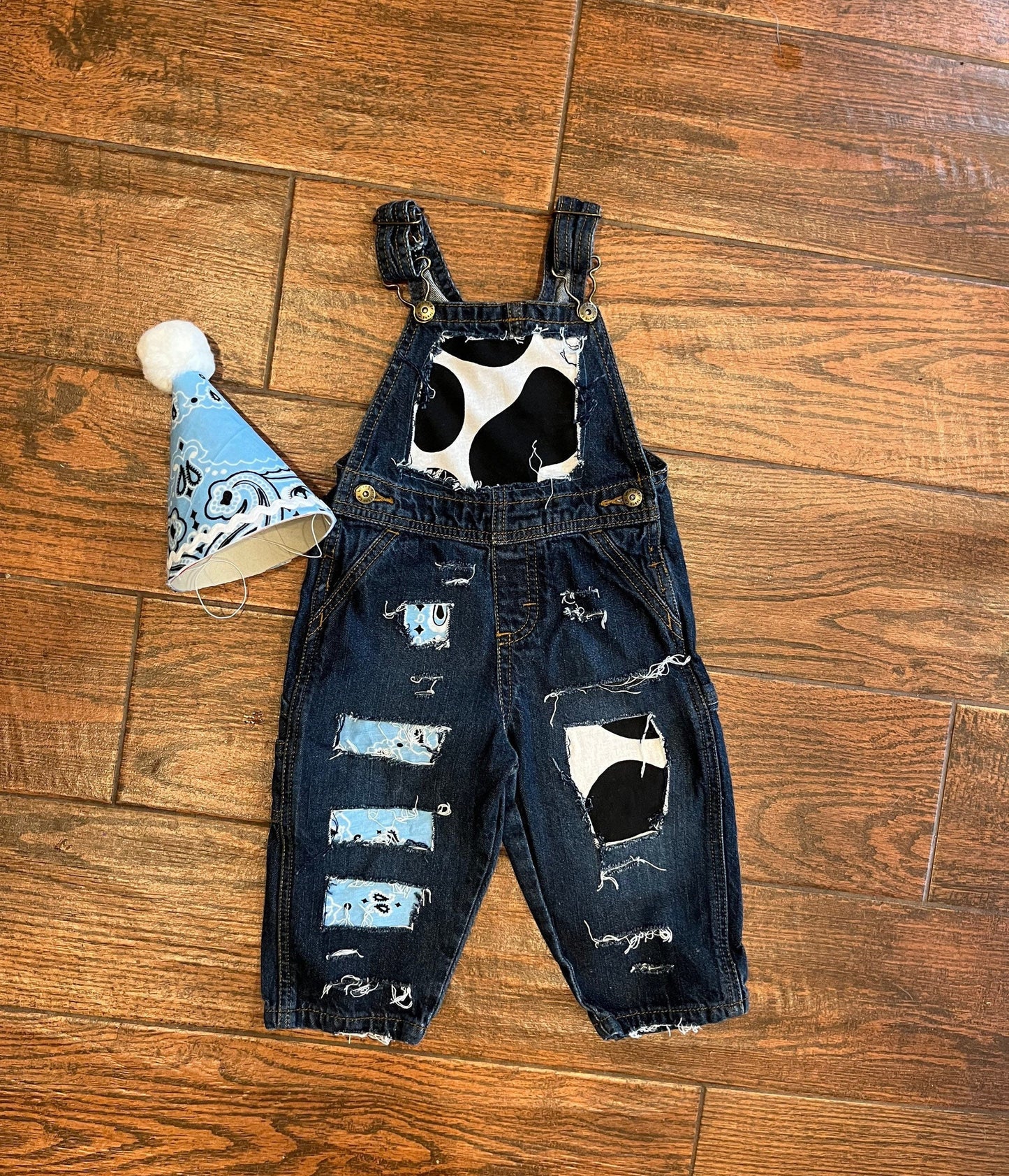 Distressed COWBOY BIRTHDAY outfit- FIRST birthday - overalls -baby blue, denim & cow print birthday outfit -Country -Bandana - personalized-