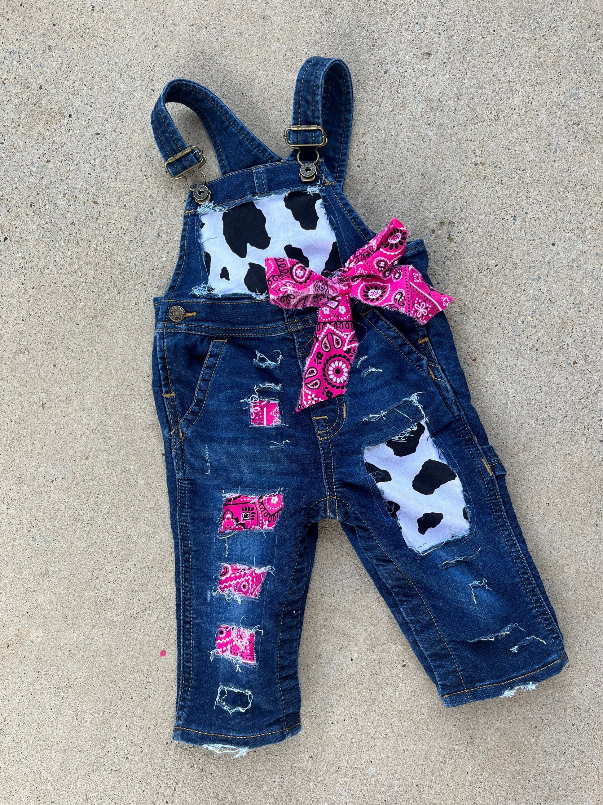 COWGIRL BIRTHDAY outfit- FIRST birthday - overalls -pink denim & cow print birthday outfit -Country -Cowgirl -personalized- distressed jeans