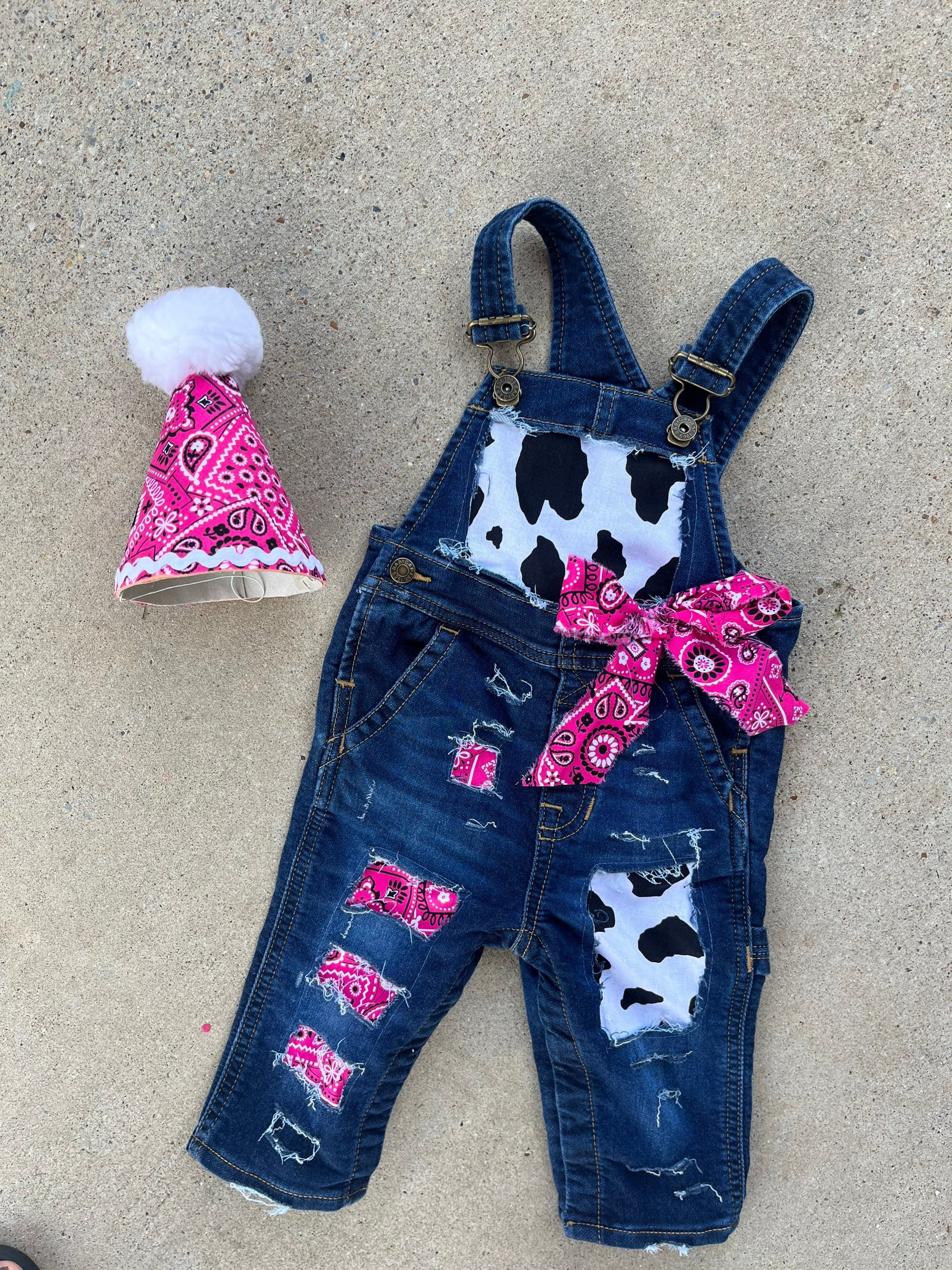 COWGIRL BIRTHDAY outfit- FIRST birthday - overalls -pink denim & cow print birthday outfit -Country -Cowgirl -personalized- distressed jeans