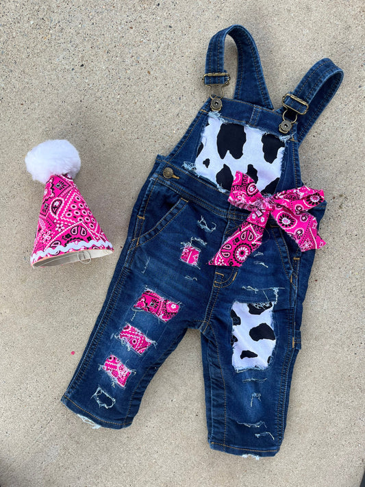 COWGIRL BIRTHDAY outfit- FIRST birthday - overalls -pink denim & cow print birthday outfit -Country -Cowgirl -personalized- distressed jeans