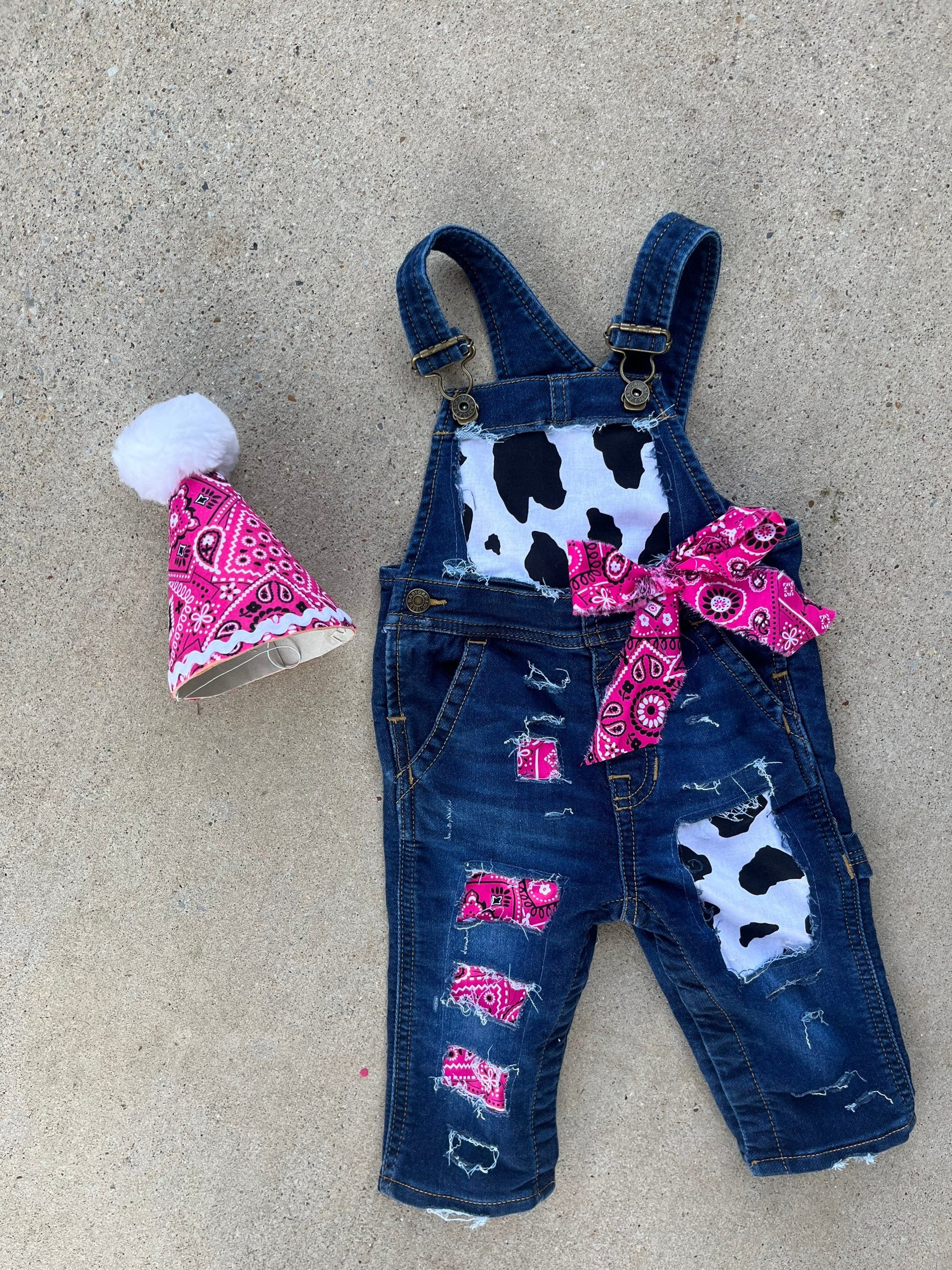 COWGIRL BIRTHDAY outfit- FIRST birthday - overalls -pink denim & cow print birthday outfit -Country -Cowgirl -personalized- distressed jeans