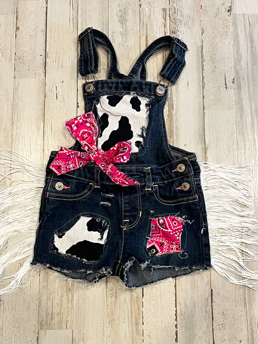 Girls Cow print shortalls w/fringe ( overalls) - cows - boutique - Patched bandana print overall shorts- distressed- cowgirl - pink bandana - farm birthday